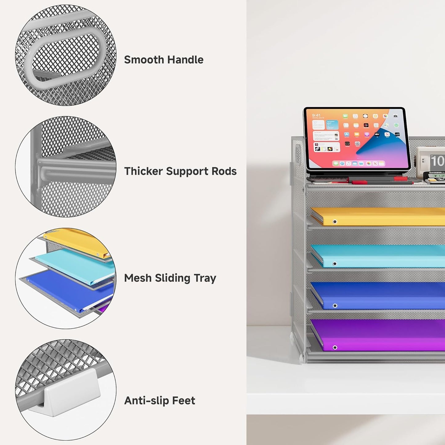 5 Tier Paper Organizer with Handle, Metal Mesh Desk Organizer File Folder Paper Letter Tray Desktop Document Sorter for Classroom, School, Office Accessories Organization and Storage - Silver