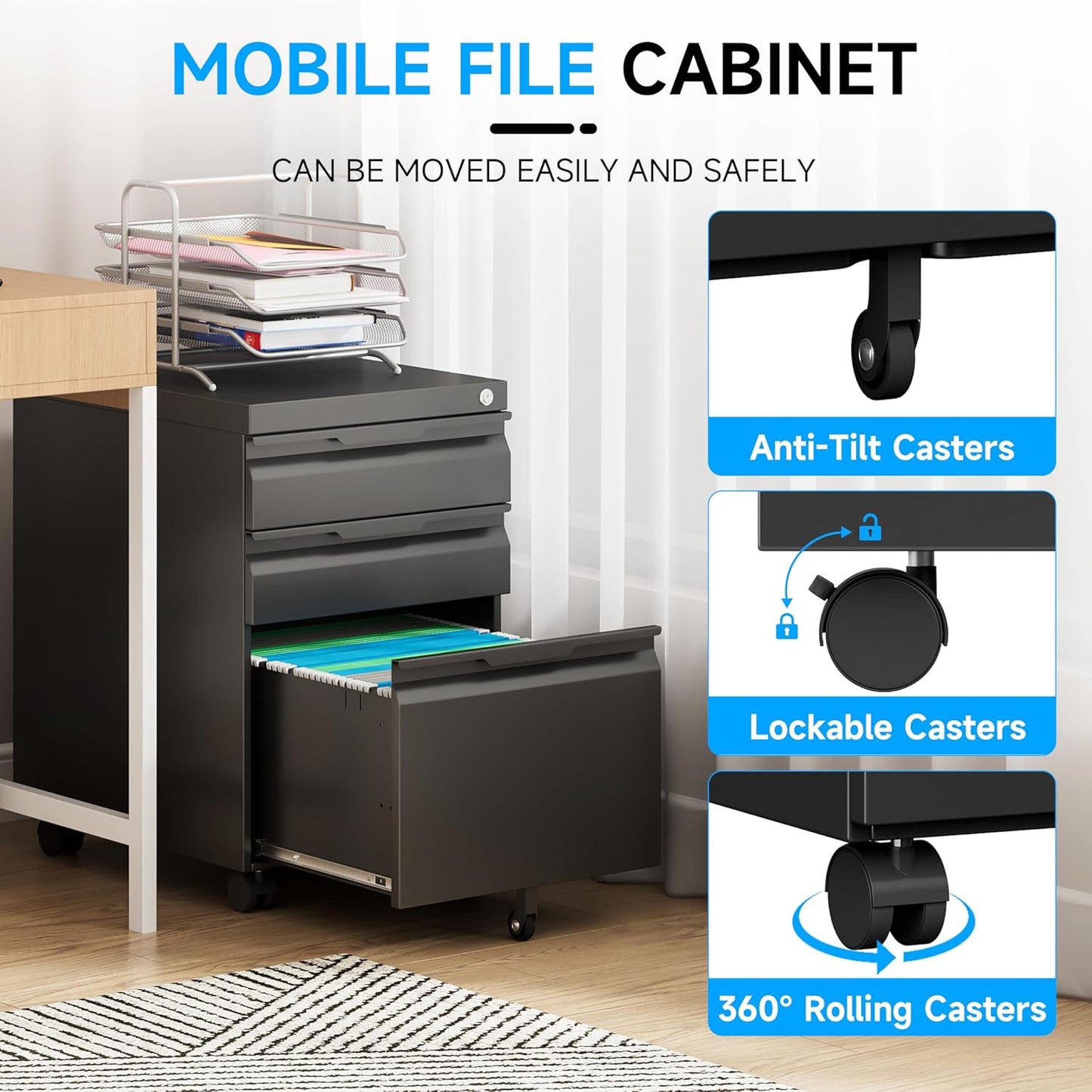 3 Drawer File Cabinet on Wheels, Mobile File Cabinet with Lock for Letter/Legal/A4 File, Metal Rolling File Cabinets for Home Office (Black)