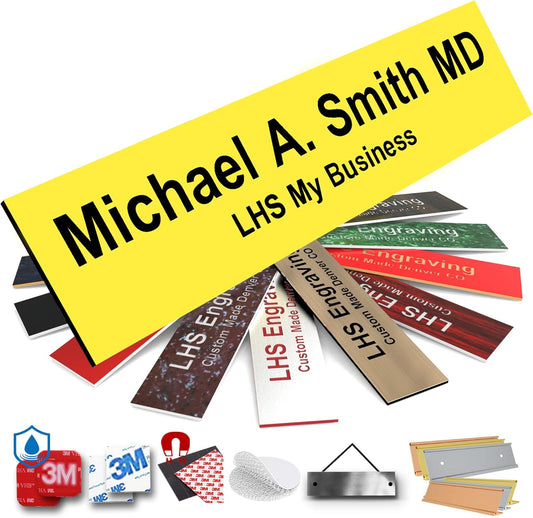 Door Name Plate Personalized for Office Yellow Plastic Name Plate Black Letters - Made in USA 2x8 B4