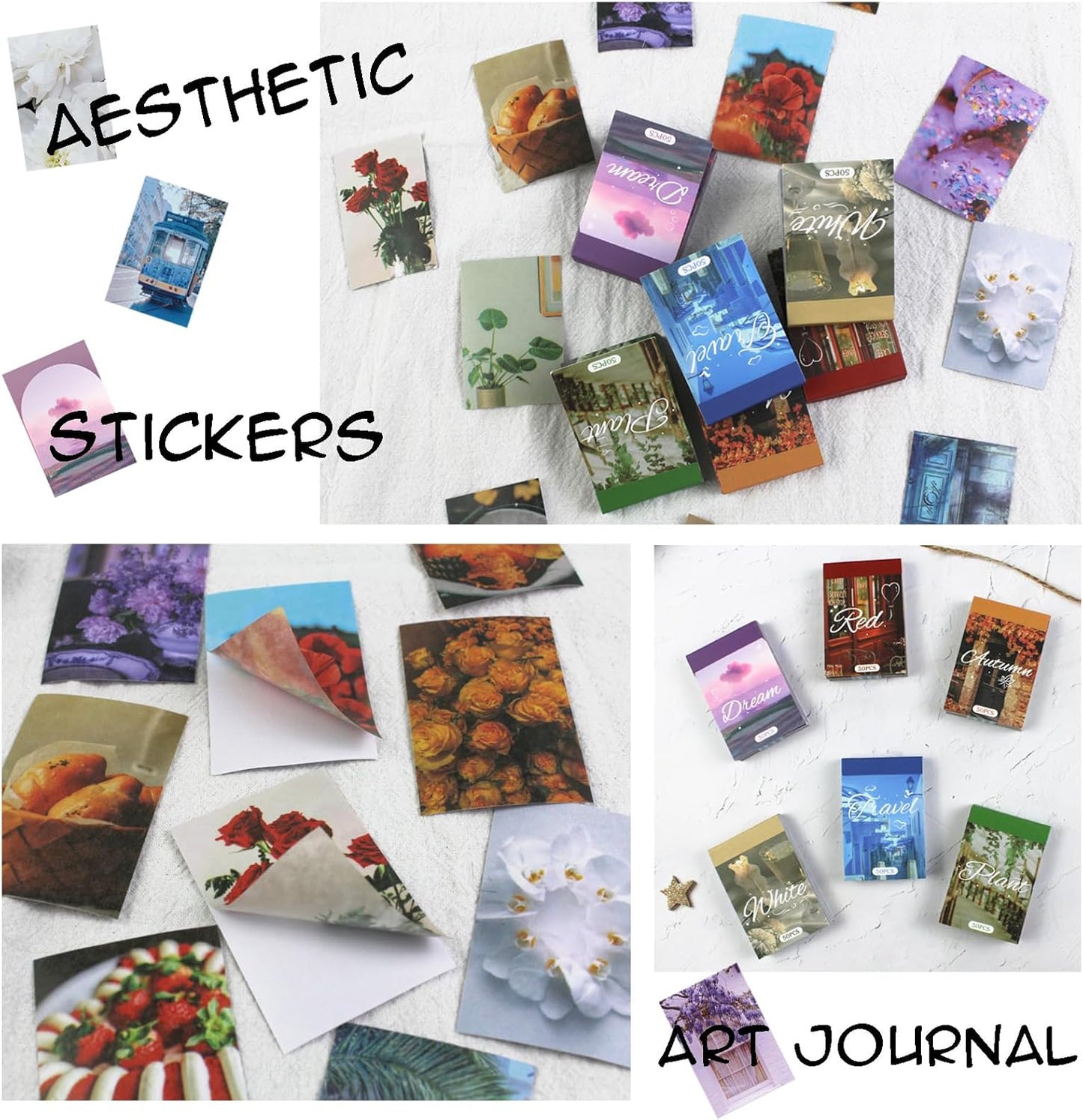 6 Sets 300 Pcs Washi Stickers Set Assorted Colors Aesthetic Sticker Book for Journaling, Daily Scenery Life Stuff Decorative Paper Sticker Decals for Scrapbooking Junk Journal Diary Album