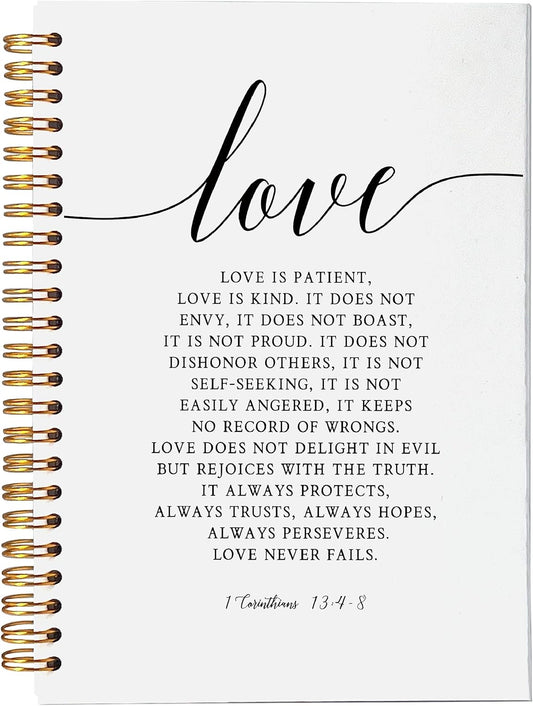 VNWEK Bible Scripture 1 Corinthians 13:4-8 Love Never Fails Spiral Notebook Journal 5.5 x 8.3 inches,Christian Lined Hardcover Spiral Notebook,Inspirational Christian Gifts for Women Men Faith Teens