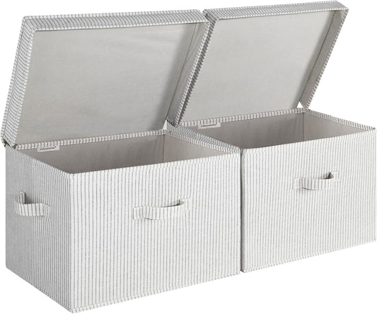 StorageWorks Fabric Storage Bins with Lid, Decorative Storage Boxes for Shelves, Stackable Closet Organizer Basket with Handles, Jumbo, Gray and White Stripes, 2-Pack
