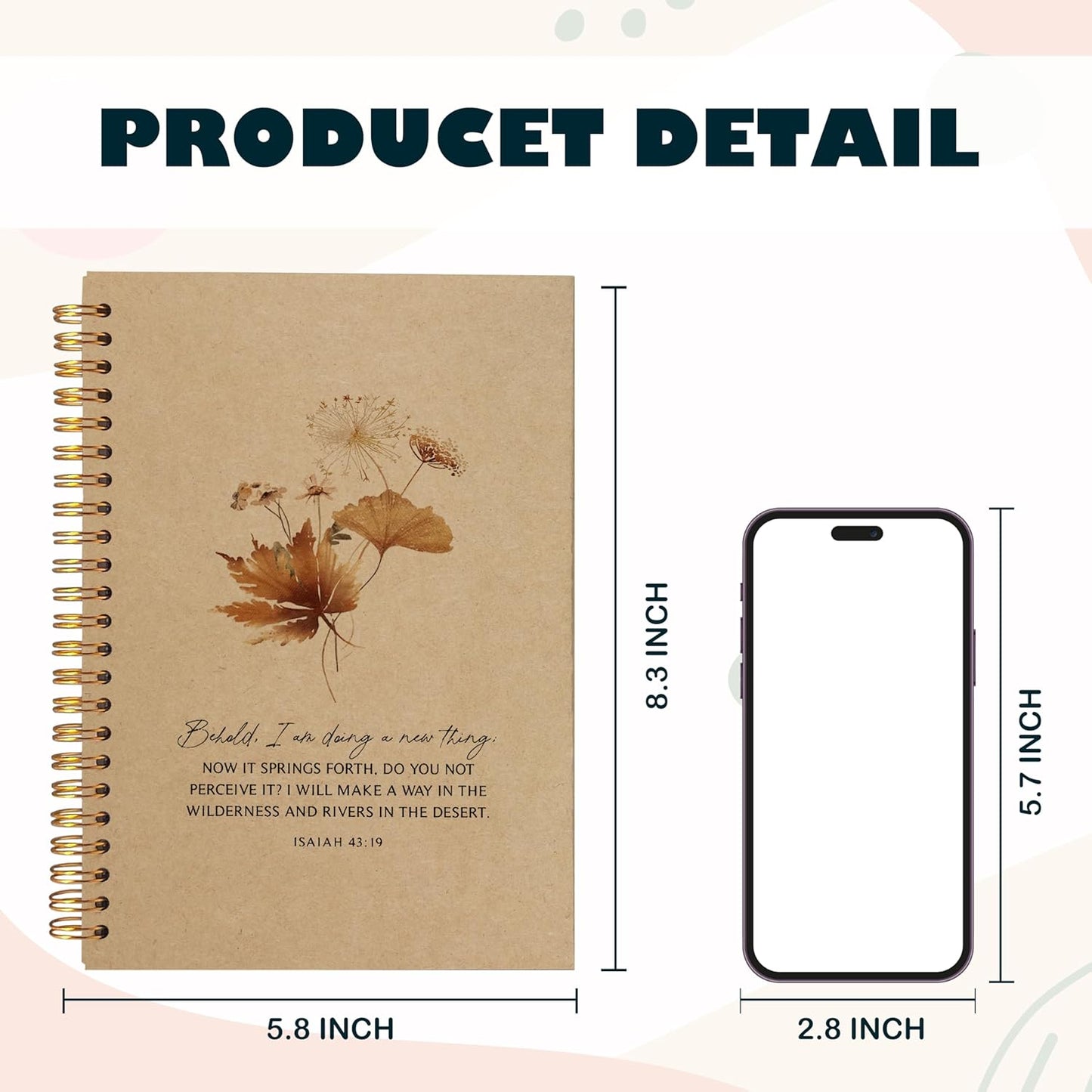 Behold I am Doing a New Thing Floral Christian Notebook Journal, Christian Gifts for Women, Bible Notebooks for Note Taking, Bible Journaling Notebook, Hardcover Spiral Notebook 5.5x8.3 kraft paper