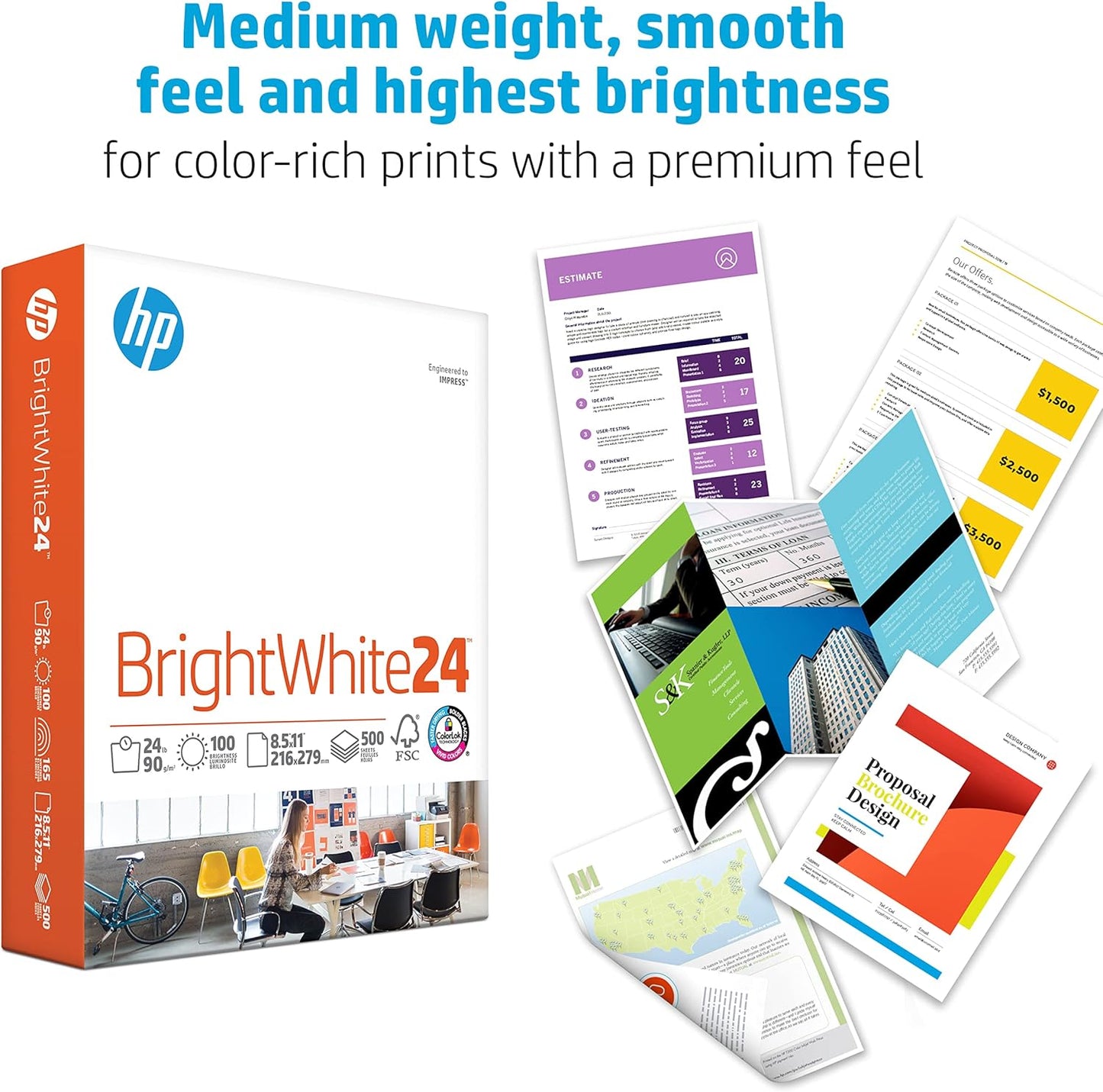 HP Printer Paper | 8.5 x 11 Paper | BrightWhite 24 lb | 5 Ream Case - 2500 Sheets |100 Bright | Made in USA - FSC Certified | 203000C