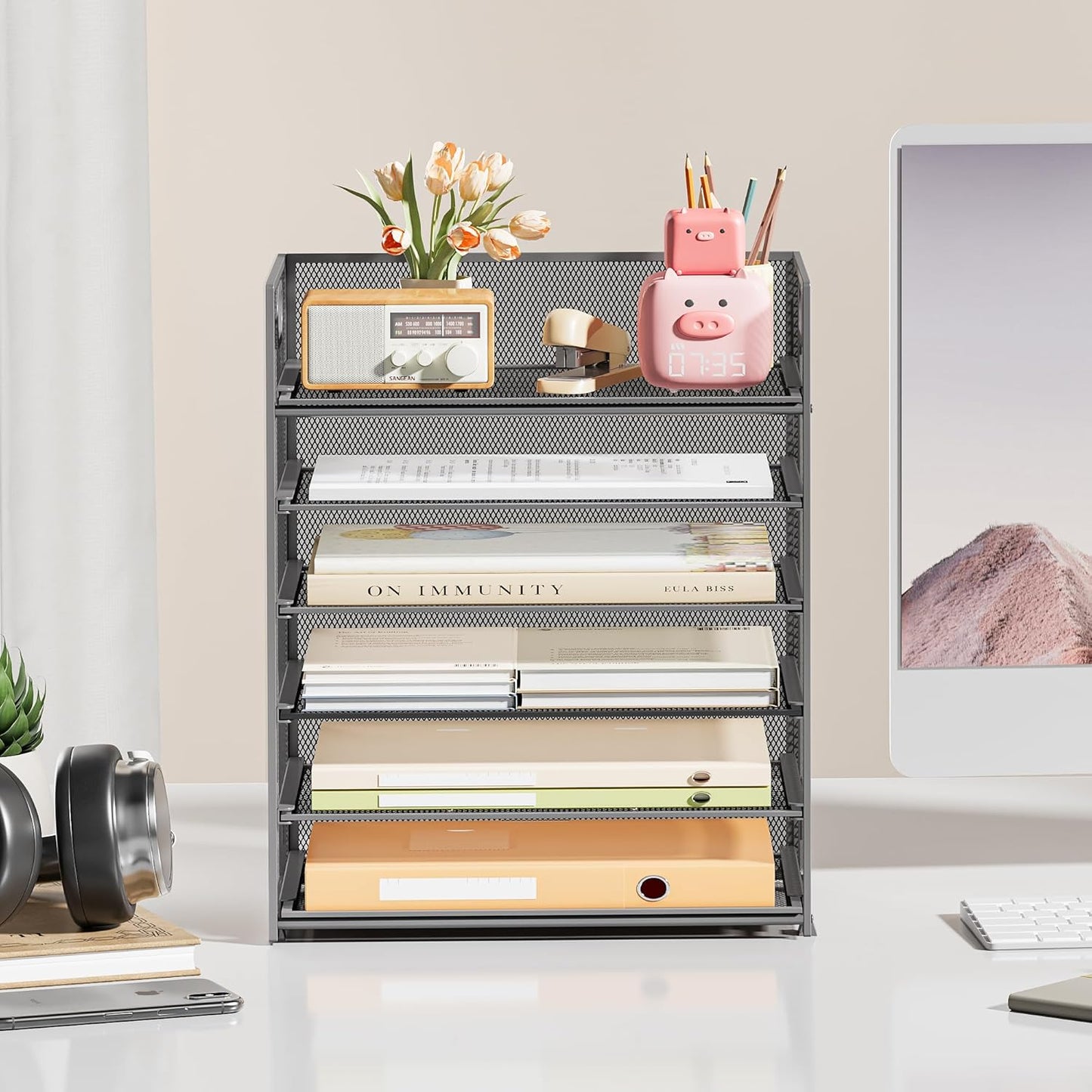 Subekyu 6-Tier Desk Paper Organizer, Desktop File Letter Tray with Handle, Document Sorter and Accessories Holder for Office, Home and School Workspace Organizers, Gray-2 Pack