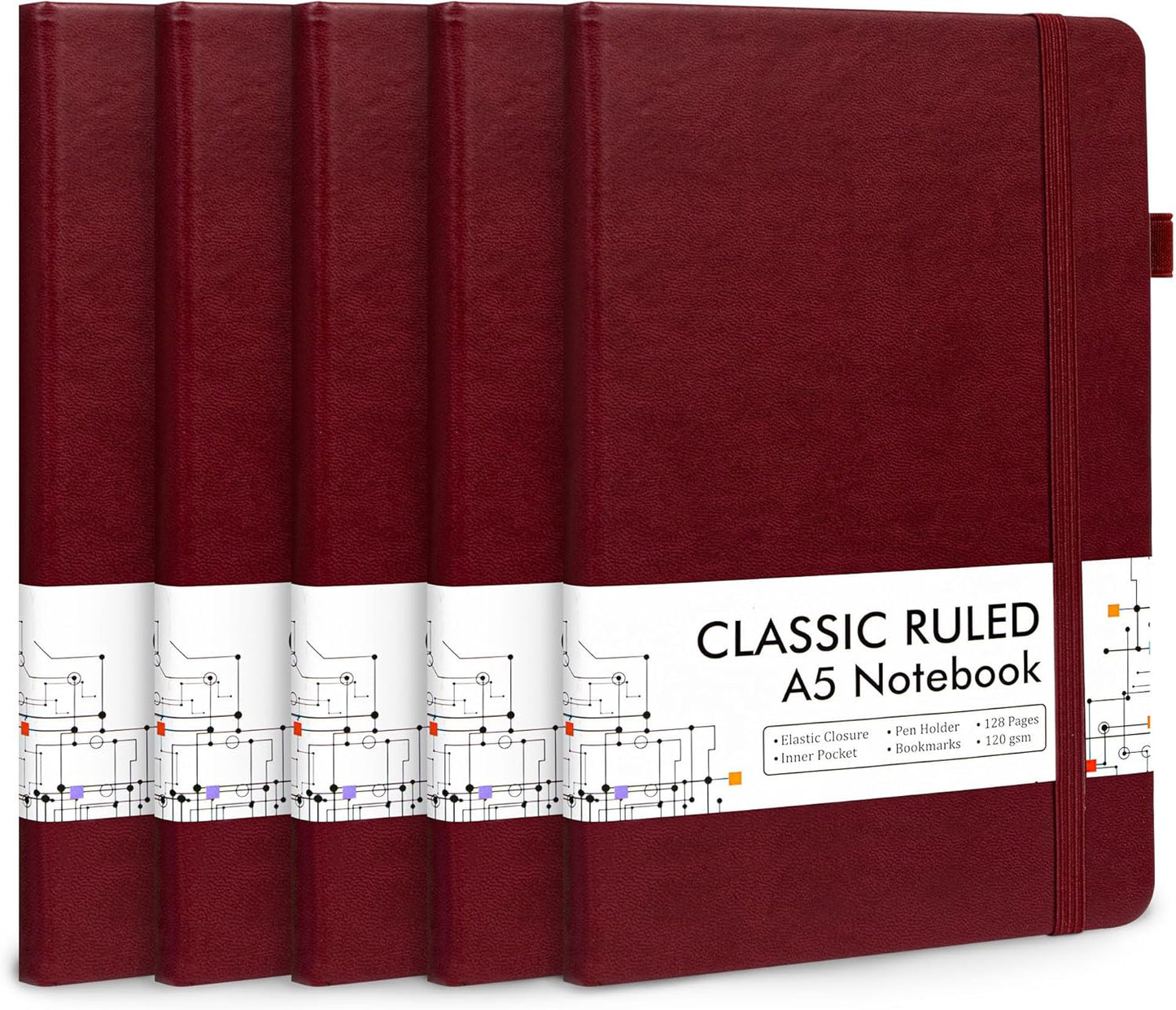 feela 5 Pack Journal Notebook Bulk for School, Hardcover Business Notebooks Classic Ruled Lined Journals with Pen Holder for Work Note Taking, with 5 Black Pens, 120 GSM, 5.1”x8.3”, A5, Wine