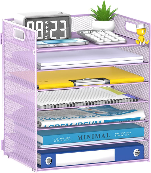 7 Tier Paper Organizer - Mesh Desktop File Holder with Handles for Office School Desk, Black (Purple)