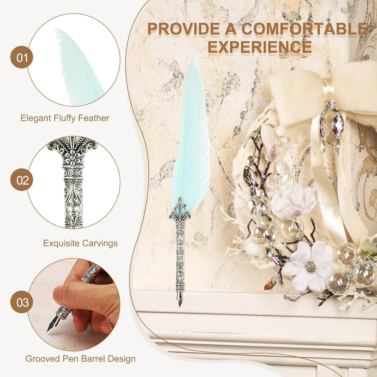 PATIKIL 26.5cm/10.4" Calligraphy Feather Quill Pen, Vintage Feather Dip Pen with 5 Replacement Nibs for Calligraphy Writing Wedding Office Gifts, Blue