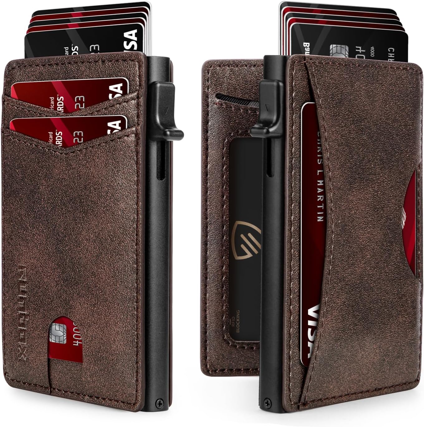 Slim Card Wallet for Men with ID Window – Minimalist RFID Wallet, Pop-Up Function, Ultra Thin Design, Metal Business Card Case Holds 8+ Cards, Gifts for Men, Men's Accessories