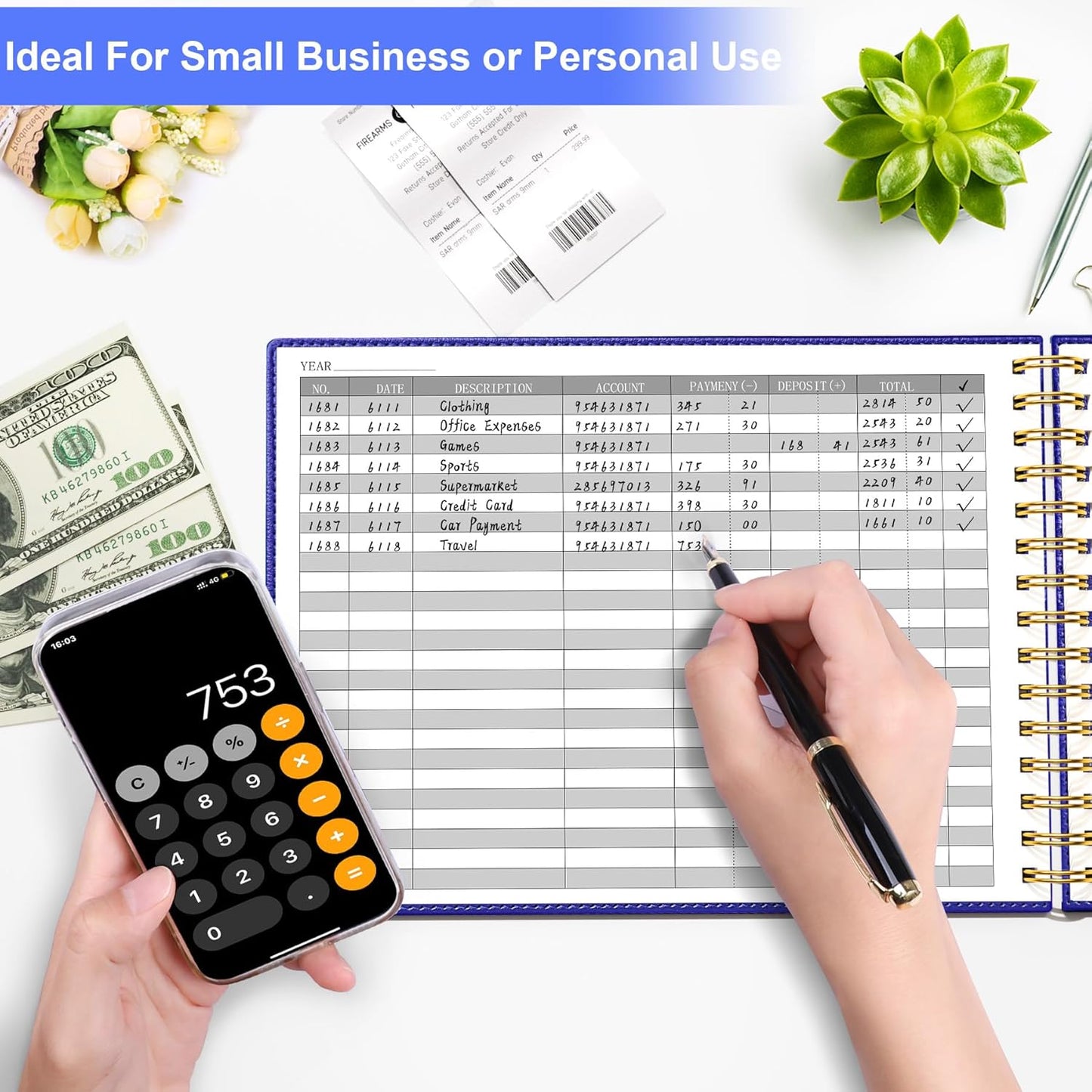 HAUTOCO Hardcover Accounting Ledger Book for Small Business Bookkeeping Horizontal Money Expense Tracker Notebook with 2 Storage Pouch, Personal Columnar Log Journal 10.78 x 8'', Navy Blue