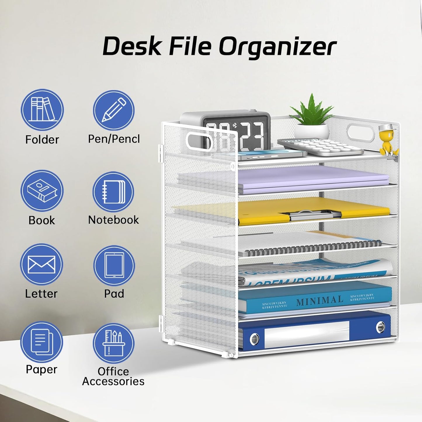 7 Tier Paper Organizer - Mesh Desktop File Holder with Handles for Office School Desk, Black (White)