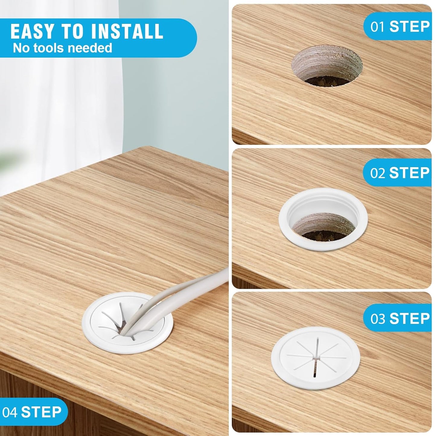 2" White Desk Grommet, JTemgle Flexible Cable Grommet Plastic Cable Hole Cover Wire Organizer Caps Desktop Cord Management for Home Office TV Stands Tabletops, 2 Pieces