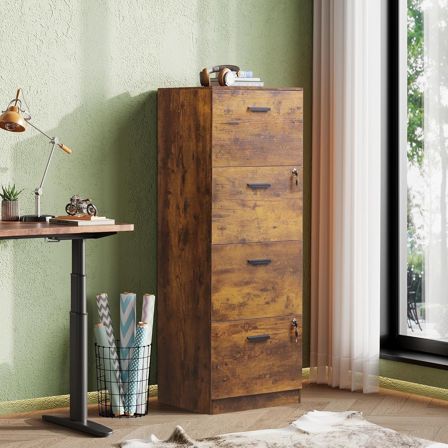 DEVAISE 4 Drawer File Cabinet with Lock, Vertical Filing Cabinet for A4/Letter Size Files, Wood Storage Organizer for Home Office, Rustic Brown