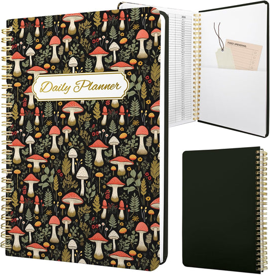 Undated Daily Planner - Spiral Notebook 80 Days One Day Per Page, Hourly Schedule, To-Do List, Notes, Everyday Planning Task, A5 Hardcover Journal Organizer Book Women Cute Aesthetic, Mushroom