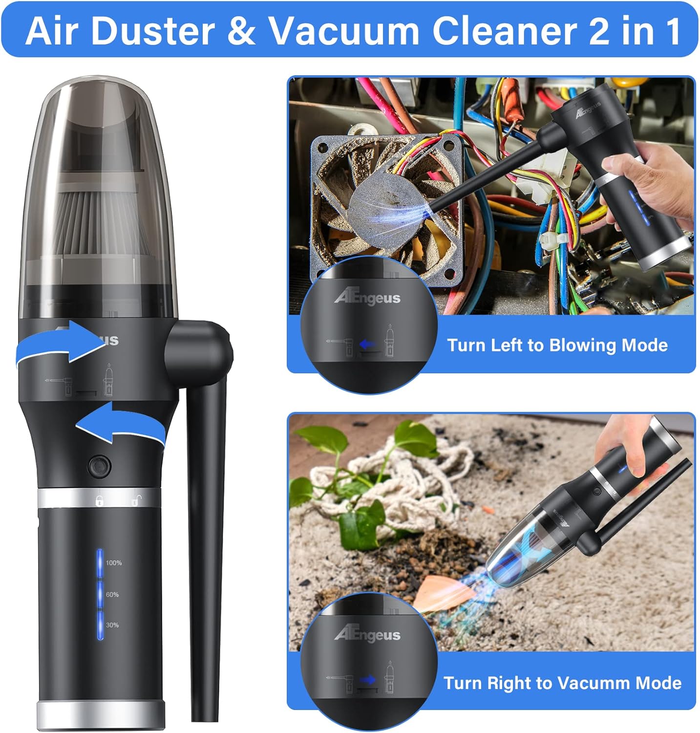 ATEngeus Compressed Air Duster & Vacuum, 77000 RPM Cordless Air Duster, 3 in1 Air Blower, Detachable Battery, Replaces for Air Cans, Keyboard Cleaner, Vacuum Cleaner for pc