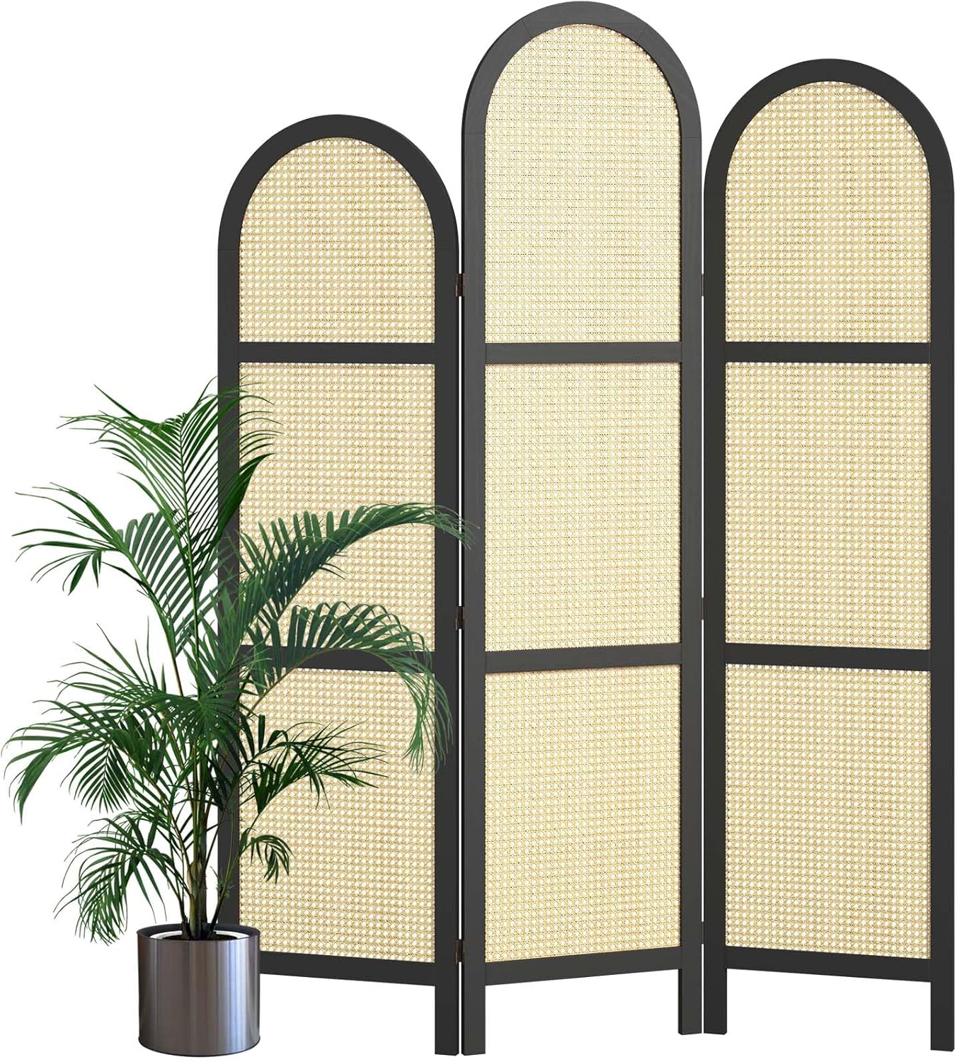 3-Panel Hand-Woven Rattan Room Divider, Tall Foldable Privacy Screen with Wooden Frame - Freestanding Portable Partition for Home Office, Bedroom, Bathroom(Black-Wave)