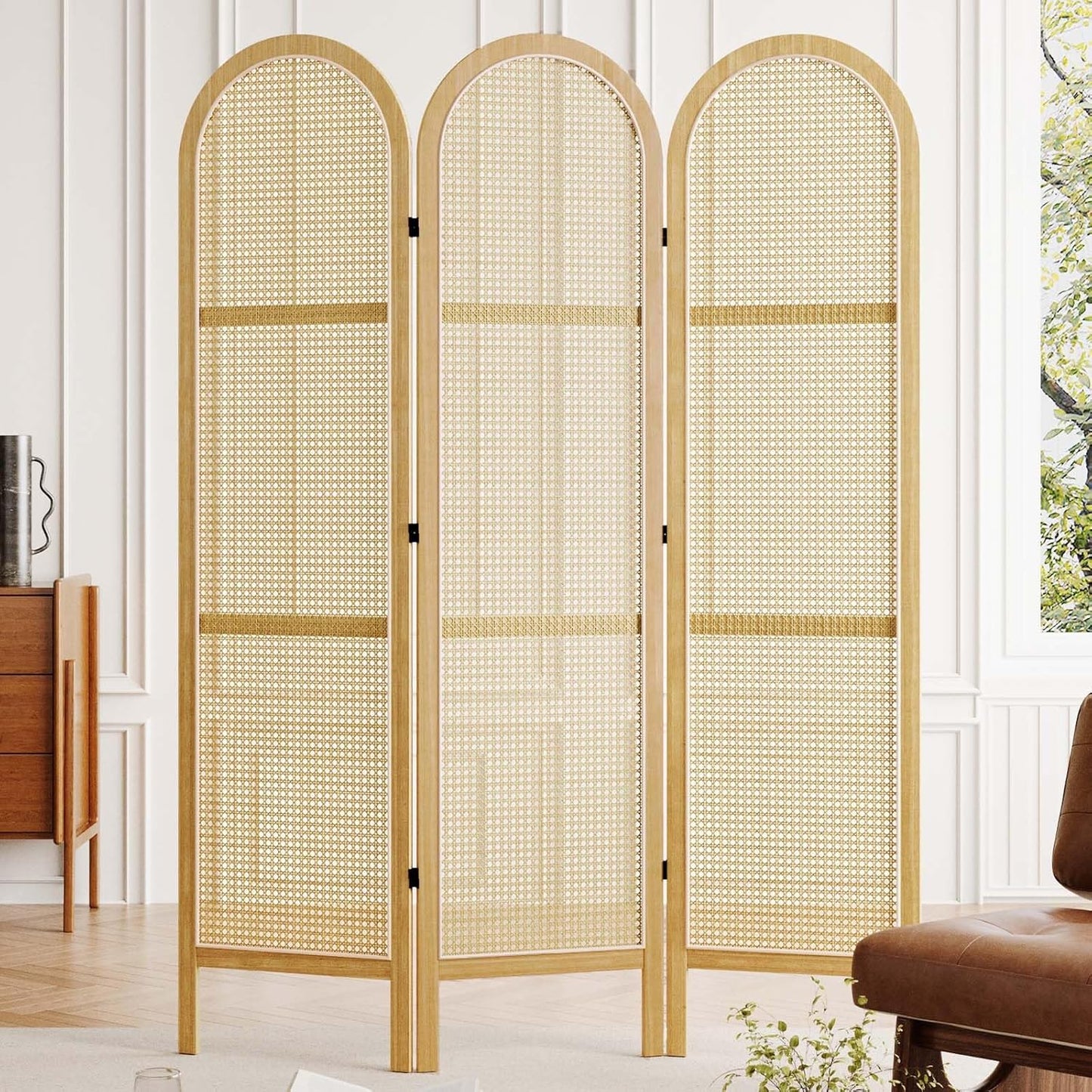 Room Dividers and Folding Privacy Screens, Pine Wood 5.6 Ft Double Hinged Rattan Partition Freestanding Wall Room Divider for Home - 3 Panels (Natural)