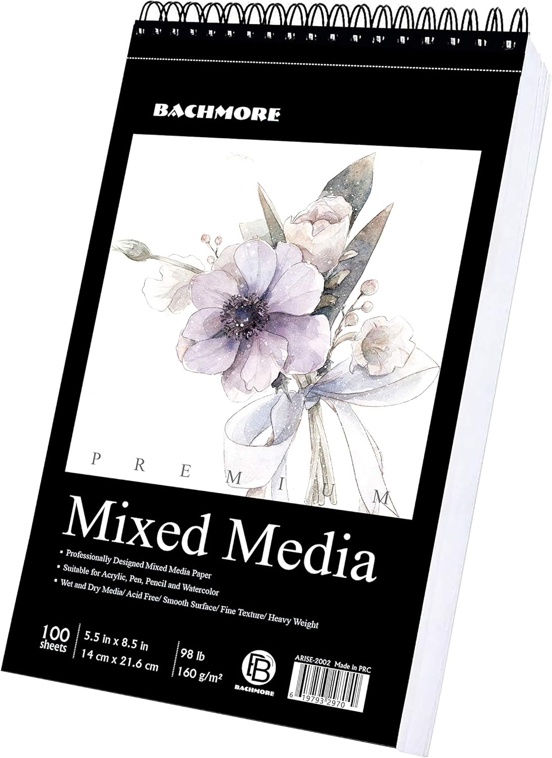 Bachmore Drawing Pad 5.5‘’X8.5''(98lb/160g) 100 Sheets Mixed Media, Watercolor, Acrylic Art Pad for Sketching, Ink Sketchbook, Coloring in Multi-Media Top Spiral Notebook, Micro-Perforated