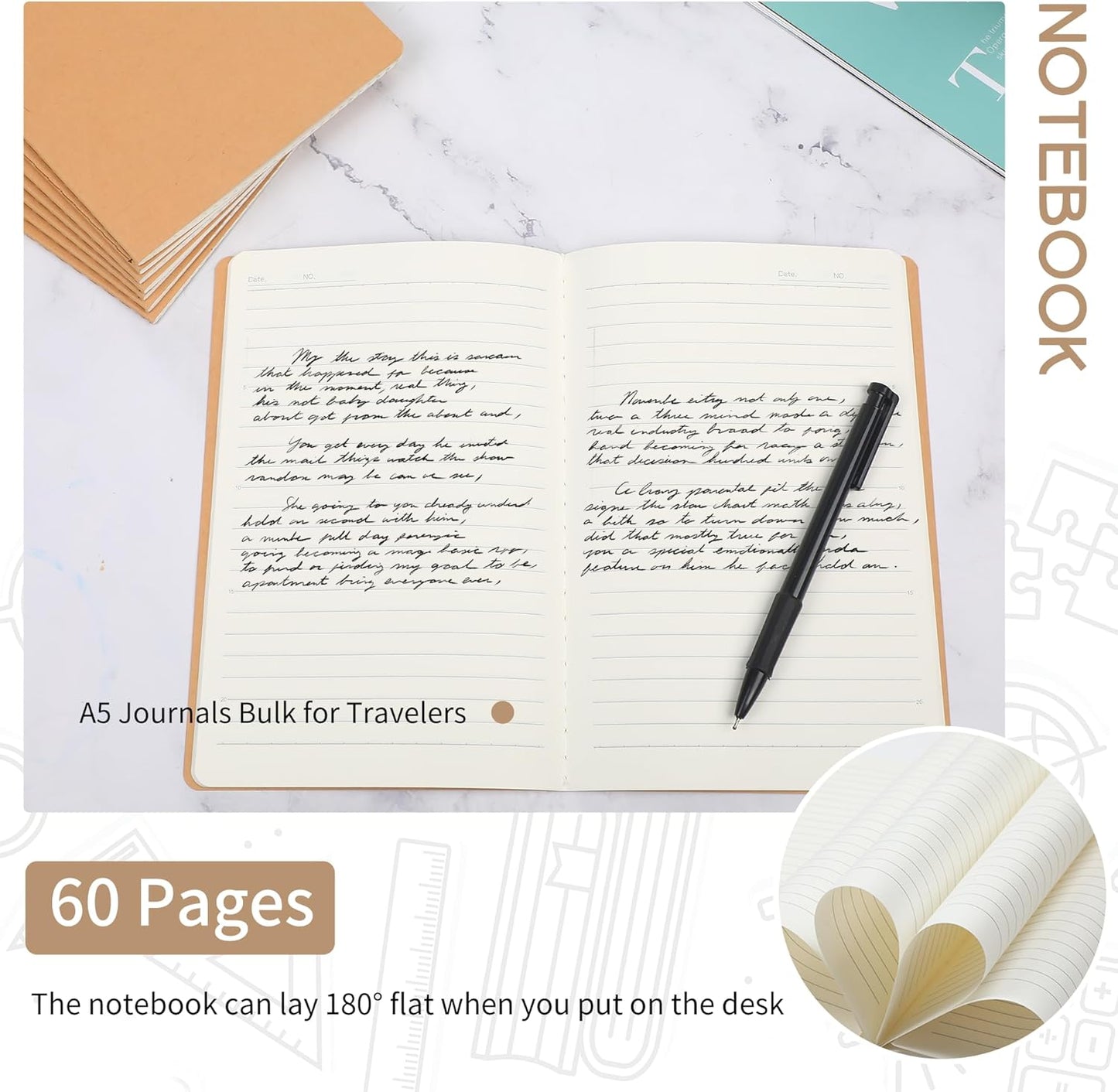 miikoul 4 Pack A5 Kraft Paper Notebook Lined Journal Bulk, 8.3 X 5.5 Inch, 60 Pages/30 Sheets, 80gsm, Travel Notebook Notepad for Adult, Students, Gift, Office, Back to School Supplies