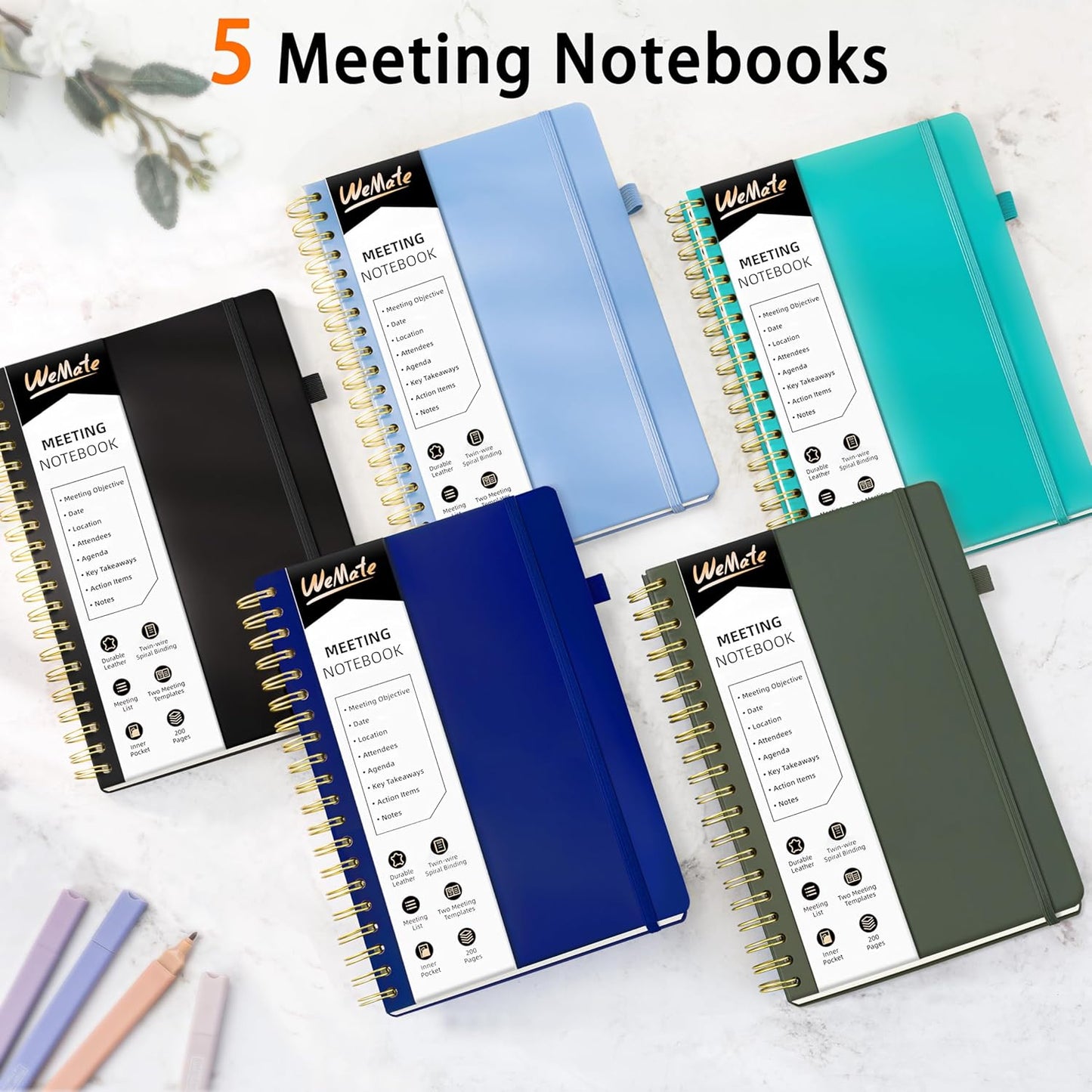 WEMATE 5 Pack Meeting Notebooks for Work（7"x10"） 200 Pages, PU Leather Notebook with Action Items & Note, For Staff & Students, Meeting, Projects Planning- Black, Blue, Green, Olive Green, Dark Blue