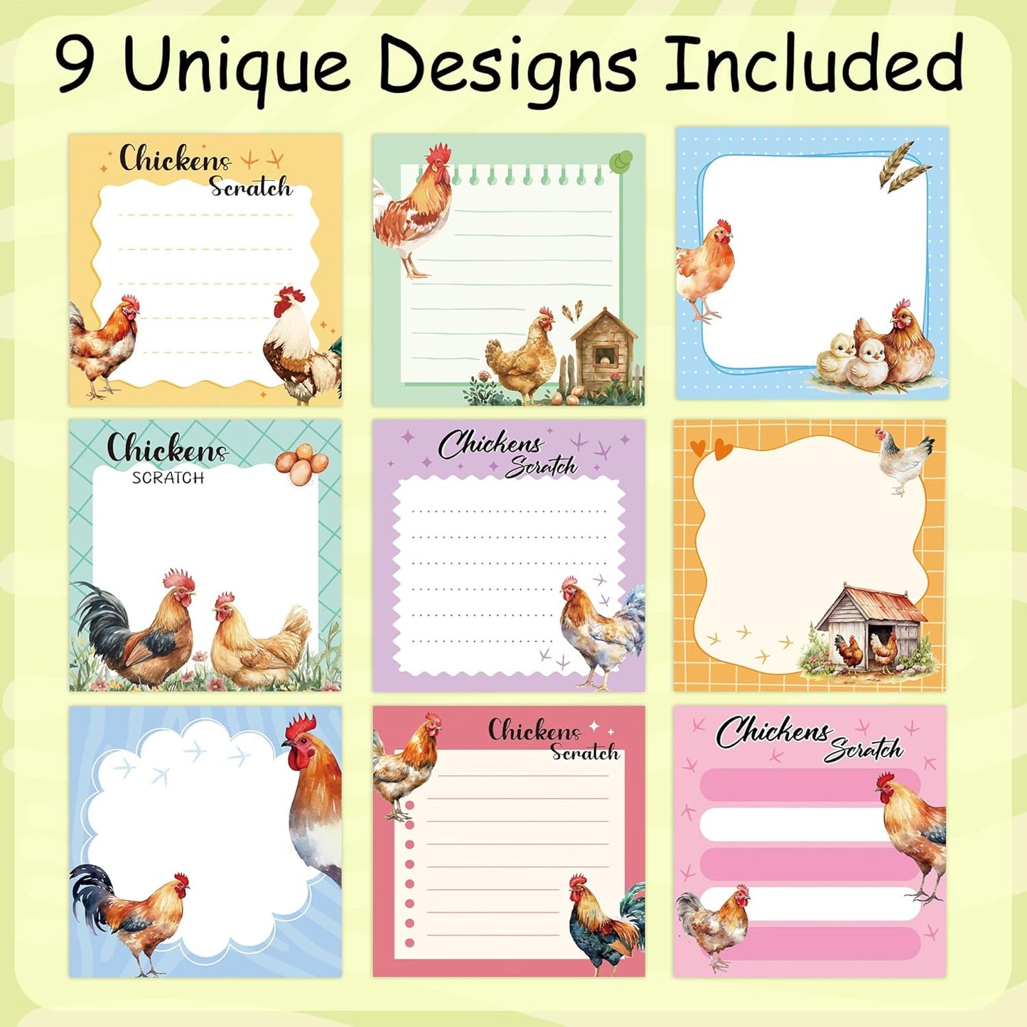 9 Pack Farm Chicken Sticky Notes Set, 450 Sheets Cute Hen and Rooster Self-Stick Notepads with Country Coop Designs, Fun Gifts for Women Chicken Lovers or Office Use
