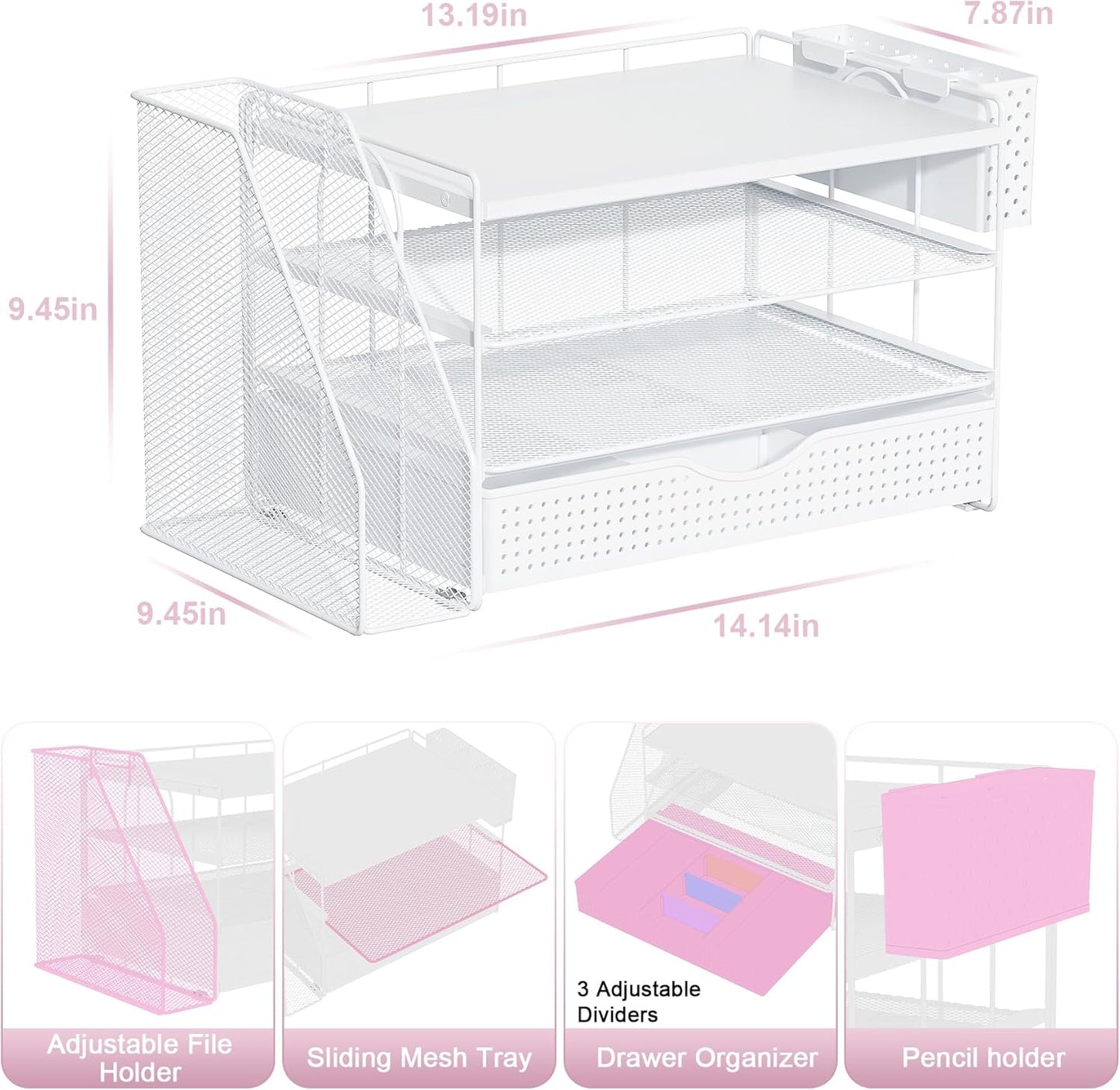 Wood Desk Organizers and Accessories with File Holder, 4-Tier Desk Accessories & Workspace Organizers with Drawer and Pen Holder, Paper Organizer for Office Supplies (White)