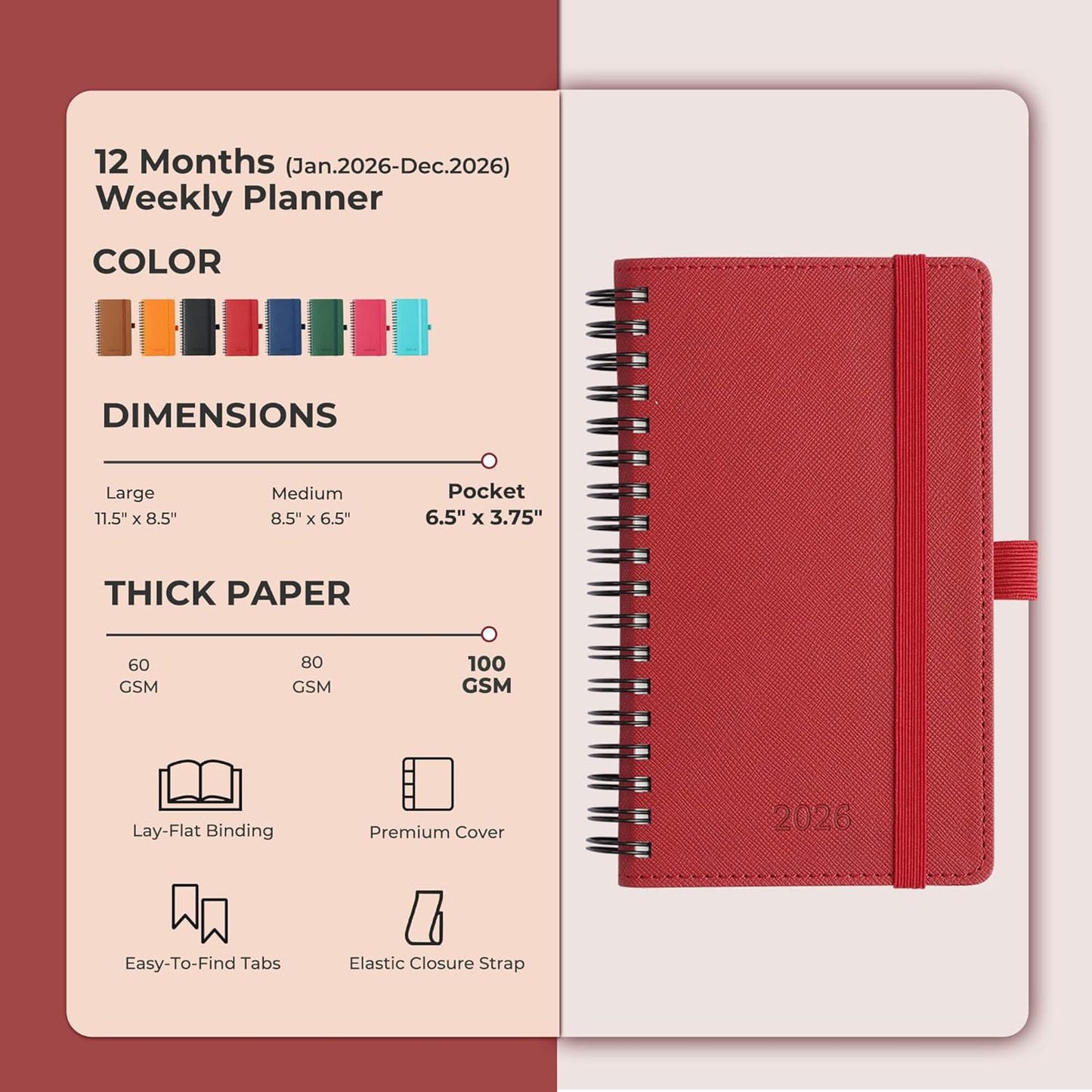 Planner 2026 Daily Weekly and Monthly,6.5"x3.75",12 Months Spiral Bound Calendar Agenda with Self-adhesive Pen Holder,2026 Appointment Book with Vegan Leather Soft Cover,Red