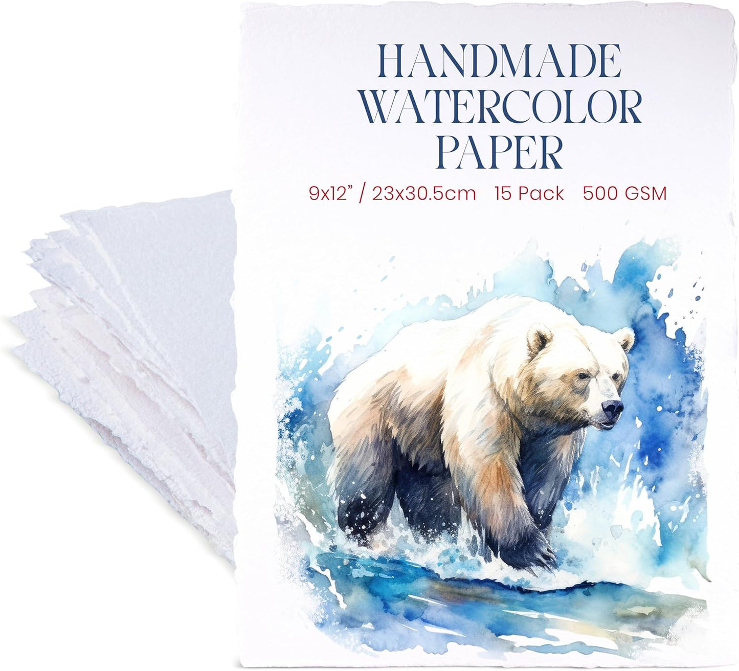 Wanderings Thick Handmade Watercolor Paper with Deckled Edge - 9x12-500GSM Premium White Cold-Pressed Textured Mixed Media Paper Made with Recycled Cotton - 15 Loose Leaf Sheets