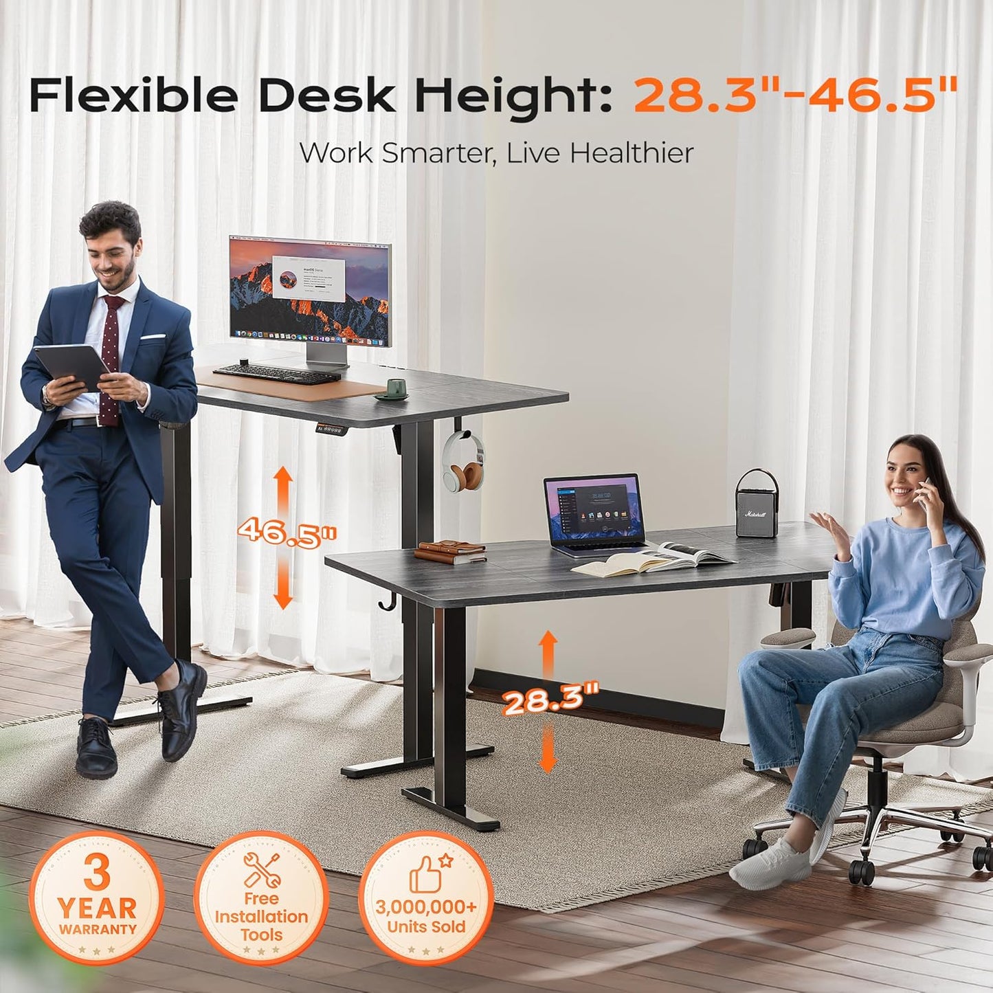 Huuger 63 x 28 Large Electric Standing Desk, Height Adjustable Computer Desk, 27.6" Deep Desktop, Stand up Gaming Office Table with 2 Hooks, 3 Preset Heights, for Home Office, Grey