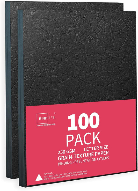 Binditek 100 Pack 13 Mil Grain-Texture Paper Binding Presentation Covers, 8-1/2 x 11 Inches, 90lb, 250 GSM, Un-Punched, Letter Size, Black, for Business Documents