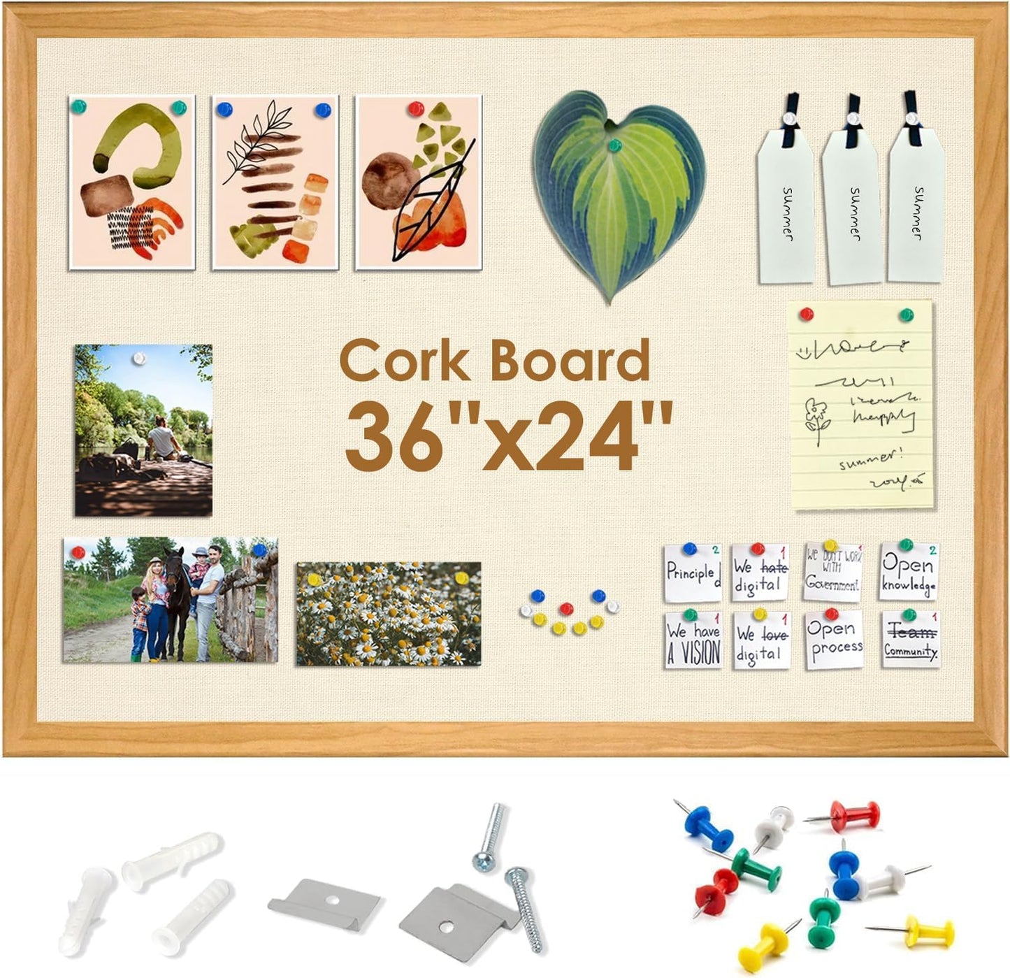 SHANTRA 36 x 24 Inch Bulletin Board with Beige Fabric, Wood Framed Canvas Cork Board, Corkboard for Walls with 10 Pins, Decorative Vision Board, Wall Mounted Notice Board for Home, Office, School