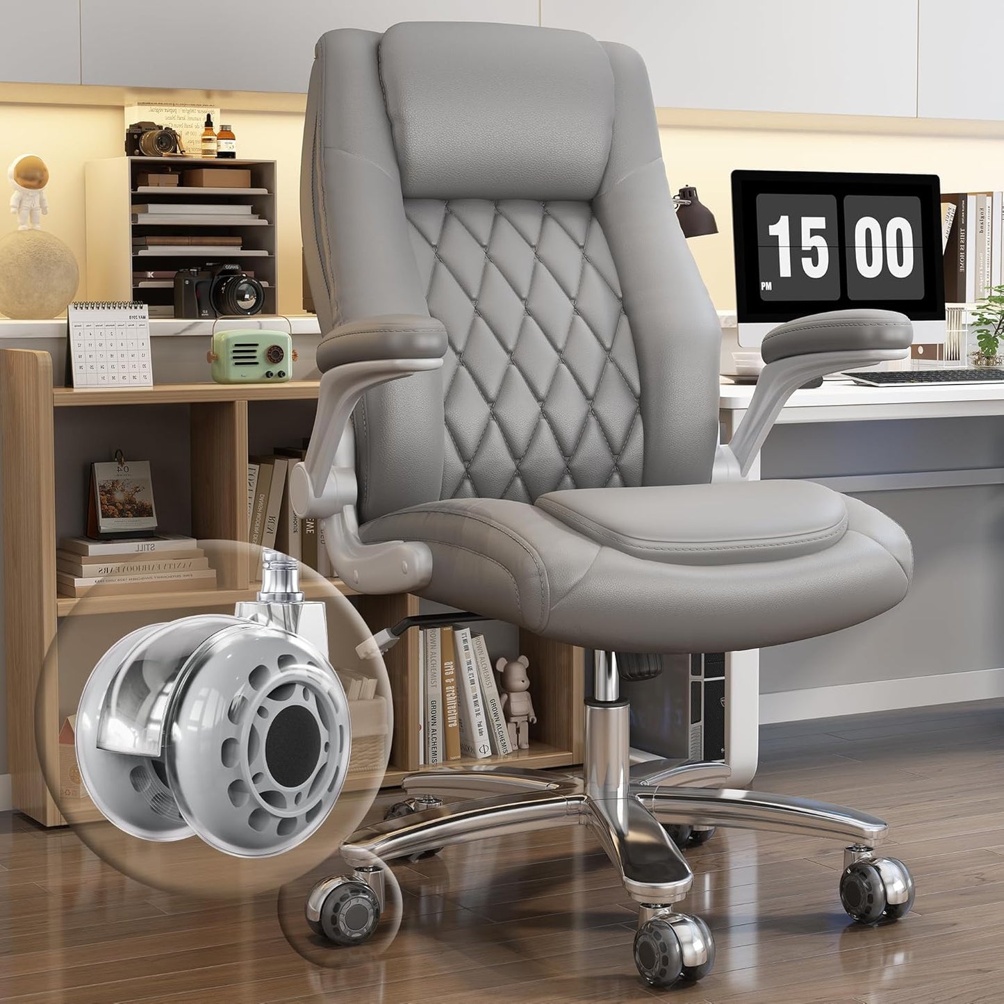 GYI O205P High Back Executive Office Chair, Big and Tall Office Chair 400LBS with Rubber Wheels,Ergonomic Adjustable Computer Desk Chairs with Padded Flip-up Armrests,Lumbar Support (Grey)