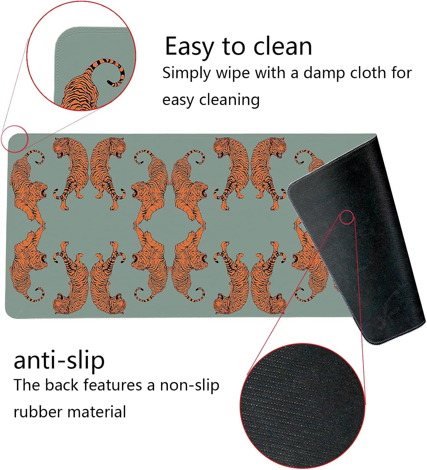 Sage Green Tiger Decor Mouse Pad,Cheetah Desk Mat,XL Large Leopard Mouse Pad,Preppy Desk Mat for Dorm Home Office Decor,31.5x11.8 Inch