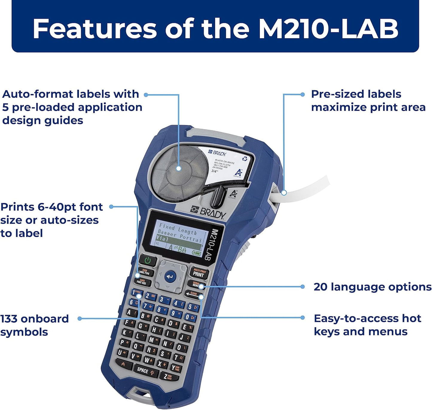 Brady M210-LAB Portable Label Printer, Blue/Gray, 9.5 in H x 4.5 in W x 2.5 in D