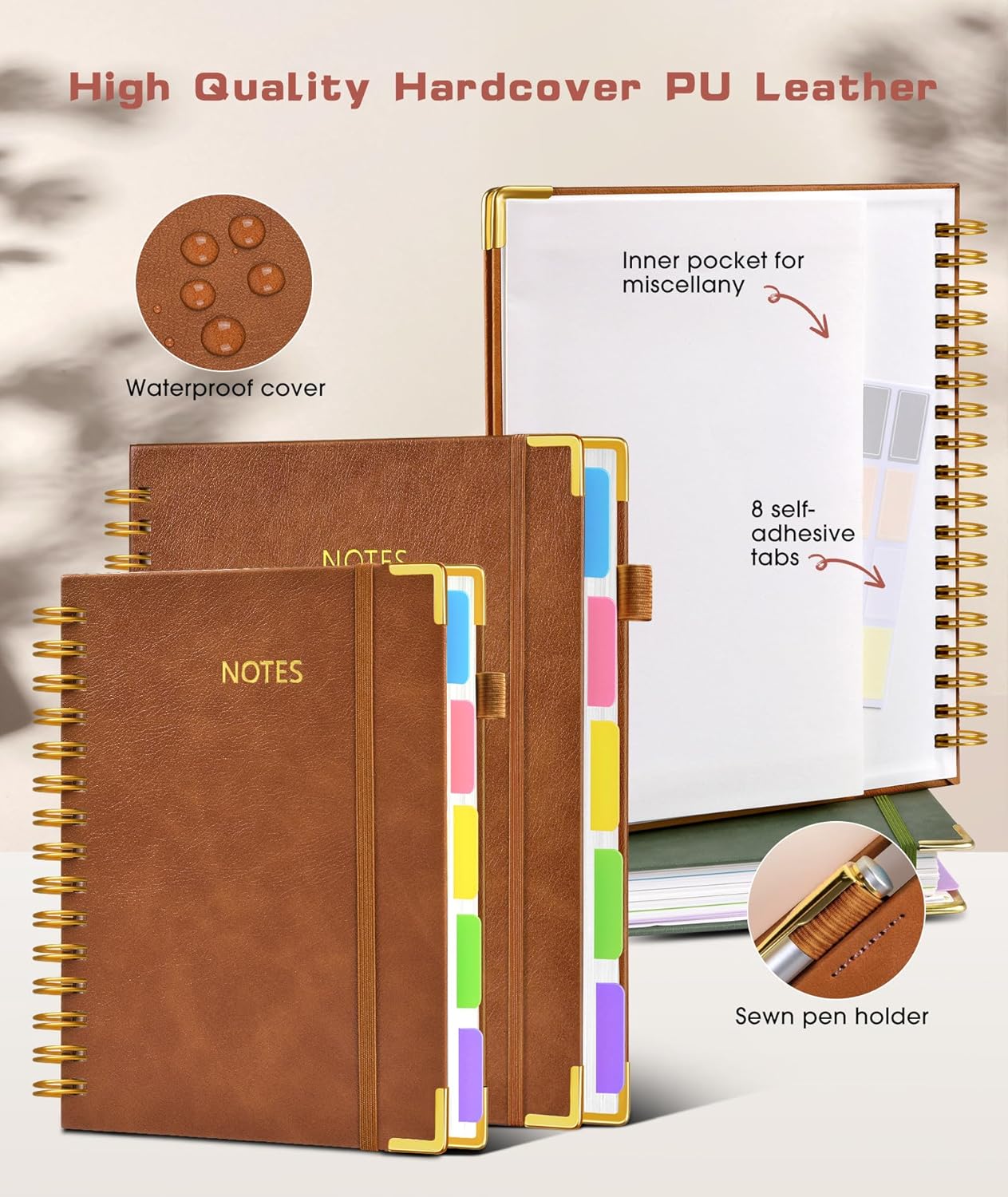 Hardcover Spiral Notebook journal with Removable Dividers Tabs, 300 Pages Leather 5 Subject Notebook College Ruled,A5 Notebooks for Work School Note taking,Lined Journal for Women,A5 Light Brown