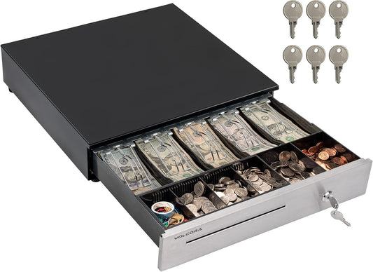 Volcora Cash Register Drawer for (POS) Point of Sale System 16", Stainless Steel Removable Coin Tray, 5 Bill/6 Coin, 24V, RJ11/RJ12 Key-Lock, Media Slot,Cash Till, Money Drawer for Businesses, Black