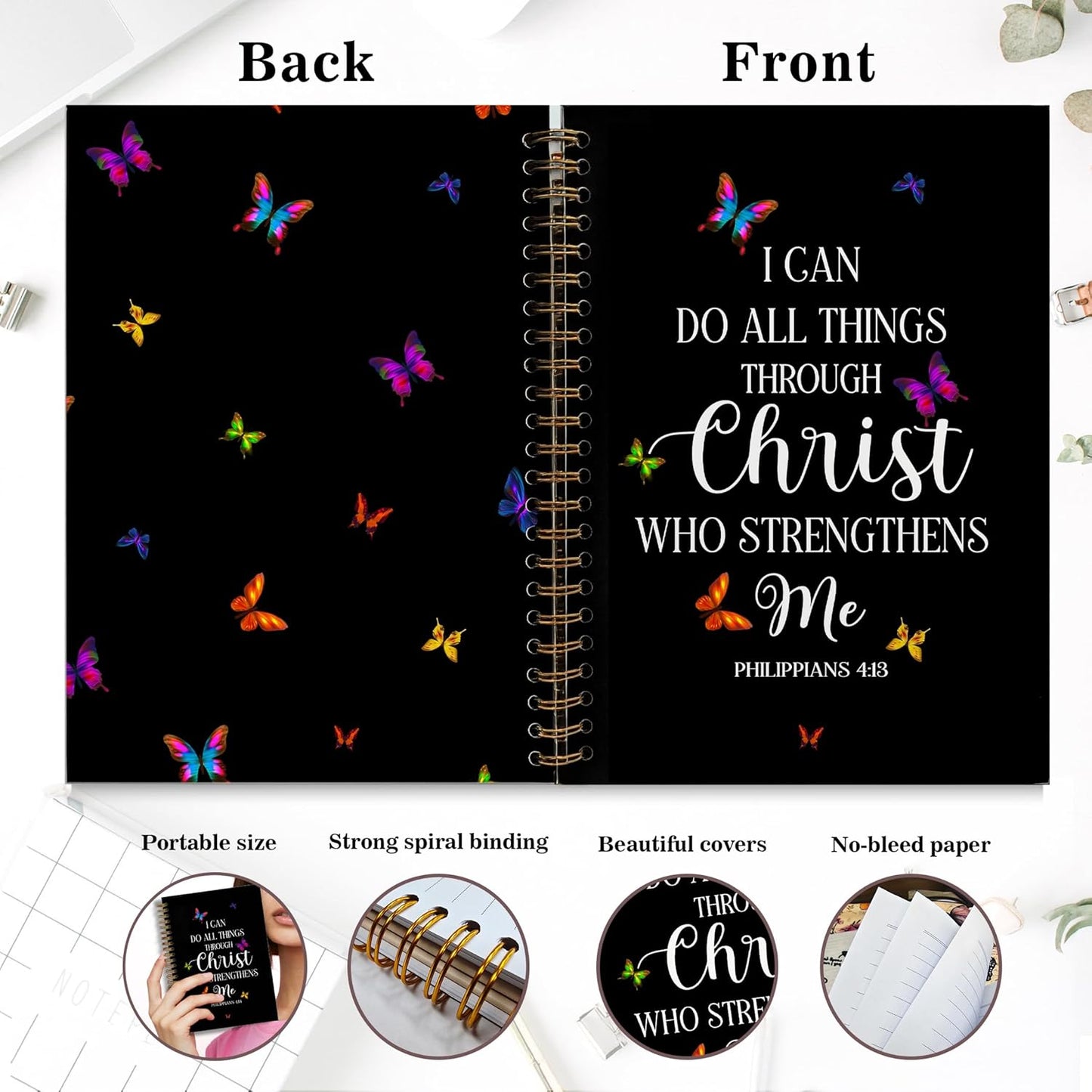 Bible Notebook, A5 Spiral Christian Journal Notebook,I Can Do All Things Through Christ Who Strengthens Me, Inspirational Notebooks for Women, Bible Study, Gift for Birthday Christmas, Office Supplies