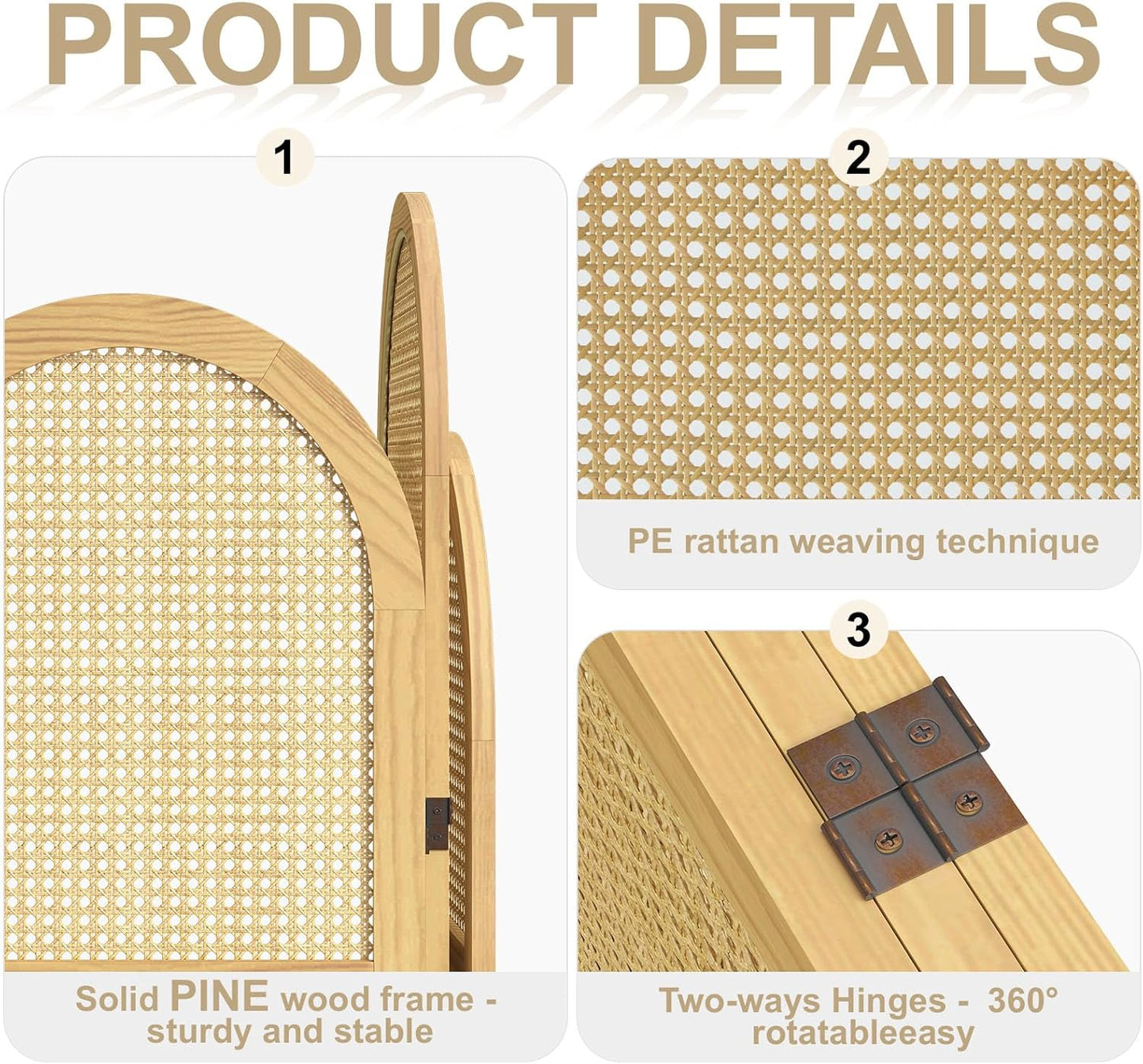 3-Panel Hand-Woven Rattan Room Divider, Tall Foldable Privacy Screen with Wooden Frame - Freestanding Portable Partition for Home Office, Bedroom, Bathroom(Natural-Wave)