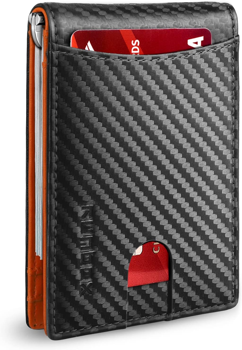 RUNBOX Slim Wallets for Men with RFID Blocking & Minimalist Mens Front Pocket Wallet Leather Black&inner Orange