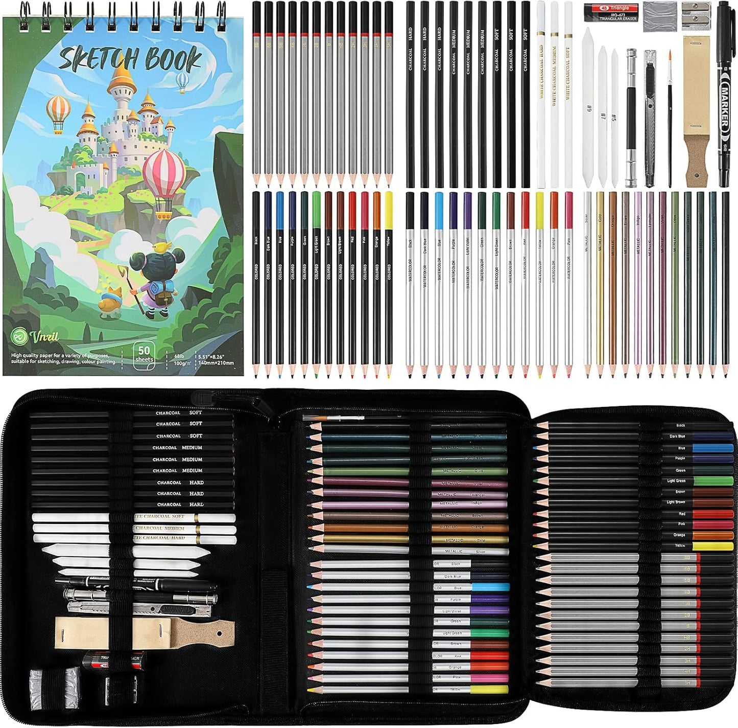 Vnzil 72 Pack Drawing Set Sketching Kit, Art Supplies for Artists, Beginners, Adults, Teens, Premium Art Kit with 50 Sheets Sketch Book, Colored, Watercolor, Metallic, Graphite, Charcoal Pencils