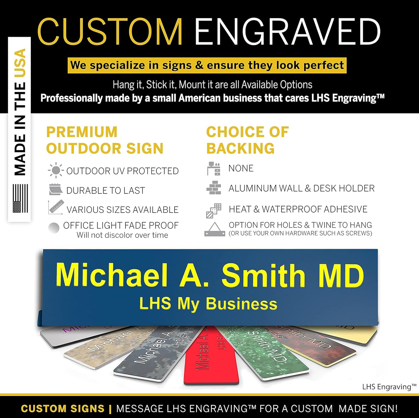 Engraved Door Signs for Office Personalized Blue Plastic Door Plaque with Yellow Letters - Made in USA 2x4 B20