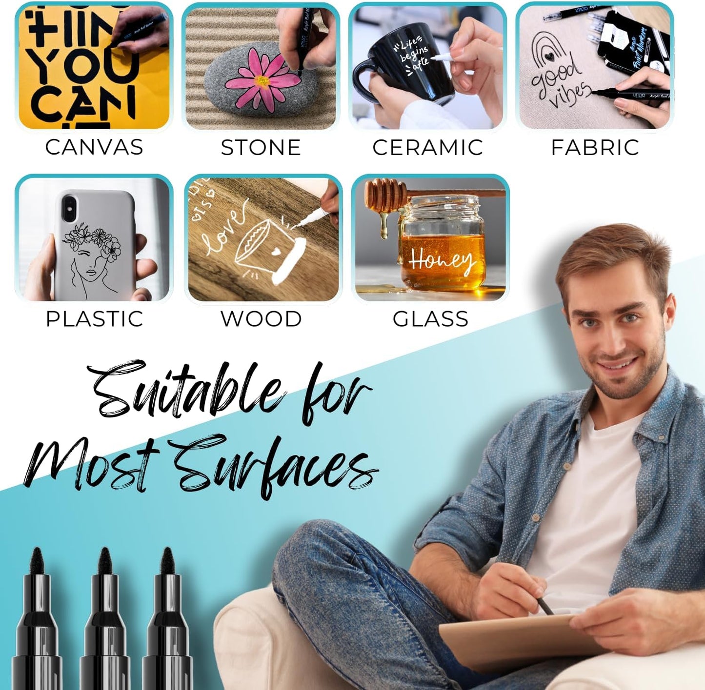 Utillo Craft Black Extra Fine Paint Pens (8-Pack) - 0.7mm Precision-Manufactured Japanese Tip - Quick-Drying, Permanent, Waterproof - For Stone, Wood, Glass, Paper, Fabric, Canvas, Metal & More