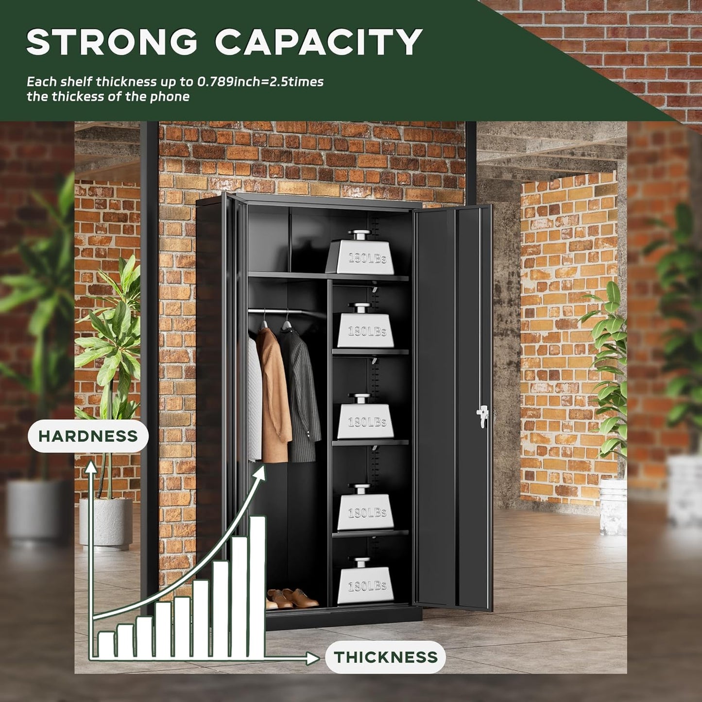 Greenvelly Metal Wardrobe Cabinet with Locking Doors, 72"H Black Metal Wardrobe Closet with Hanging Rods and Adjustable Shelves, Clothing Storage Closet for Home, Office, Employee, Gym (16" D x 32" W)