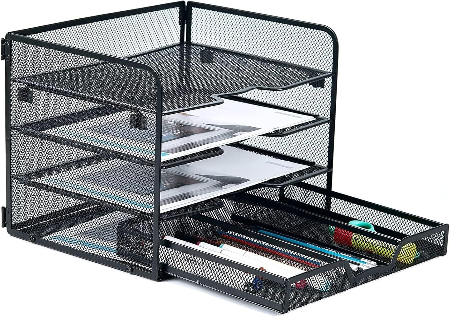 SETTFRFE 4 Tier Mesh Paper Letter Tray,Desk File Organizer with A Sliding Drawer,Office Supplies Desk Organizer for Home Office,Black.