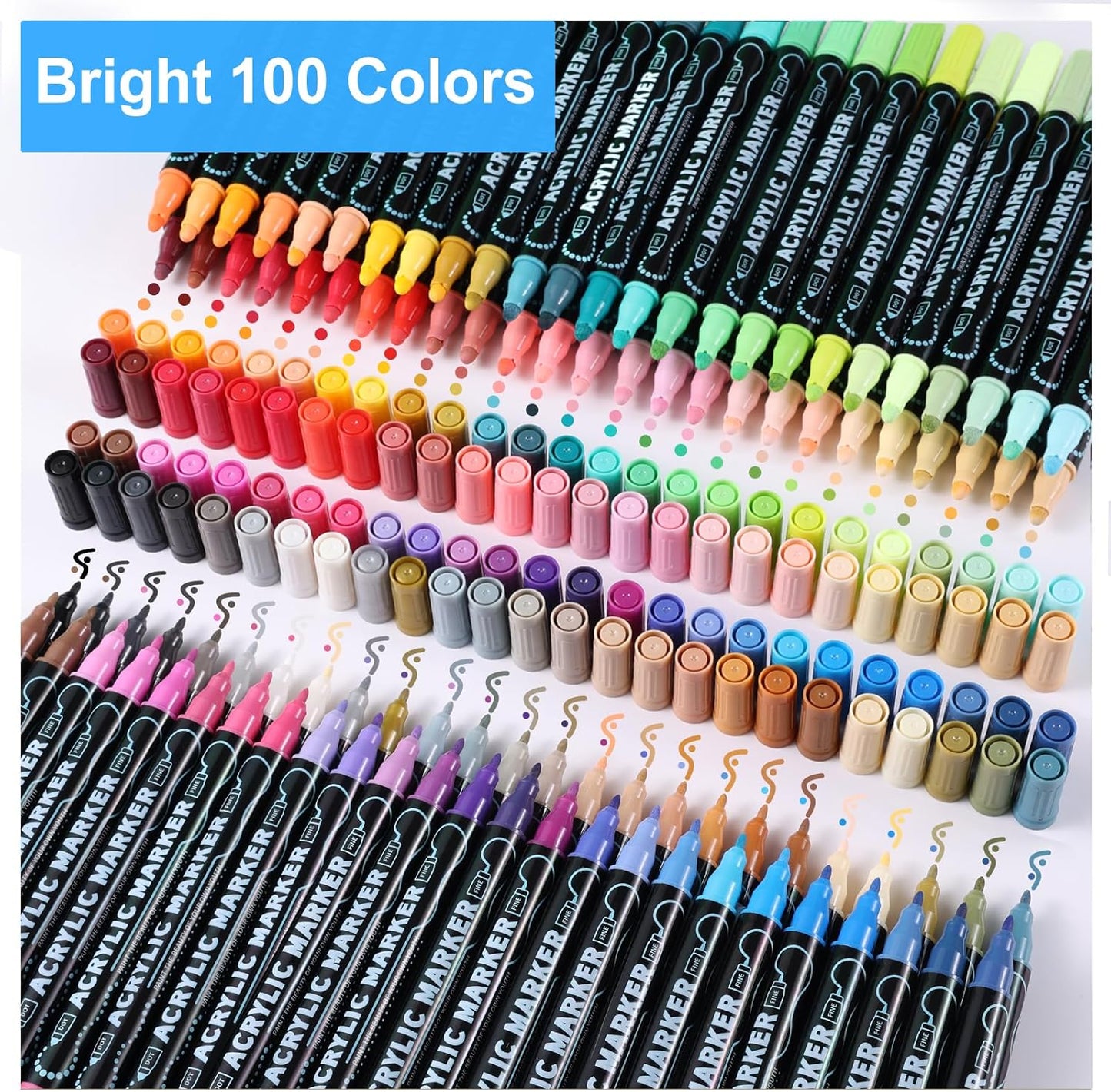 100 Colors Waterproof Dual Tip Acrylic Paint Pens, Dot & Fine Tip Premium Coloring Drawing Markers Set for Wood, Rock, Canvas, Glass, Ceramic Surfaces and DIY Crafts Making Art Supplies