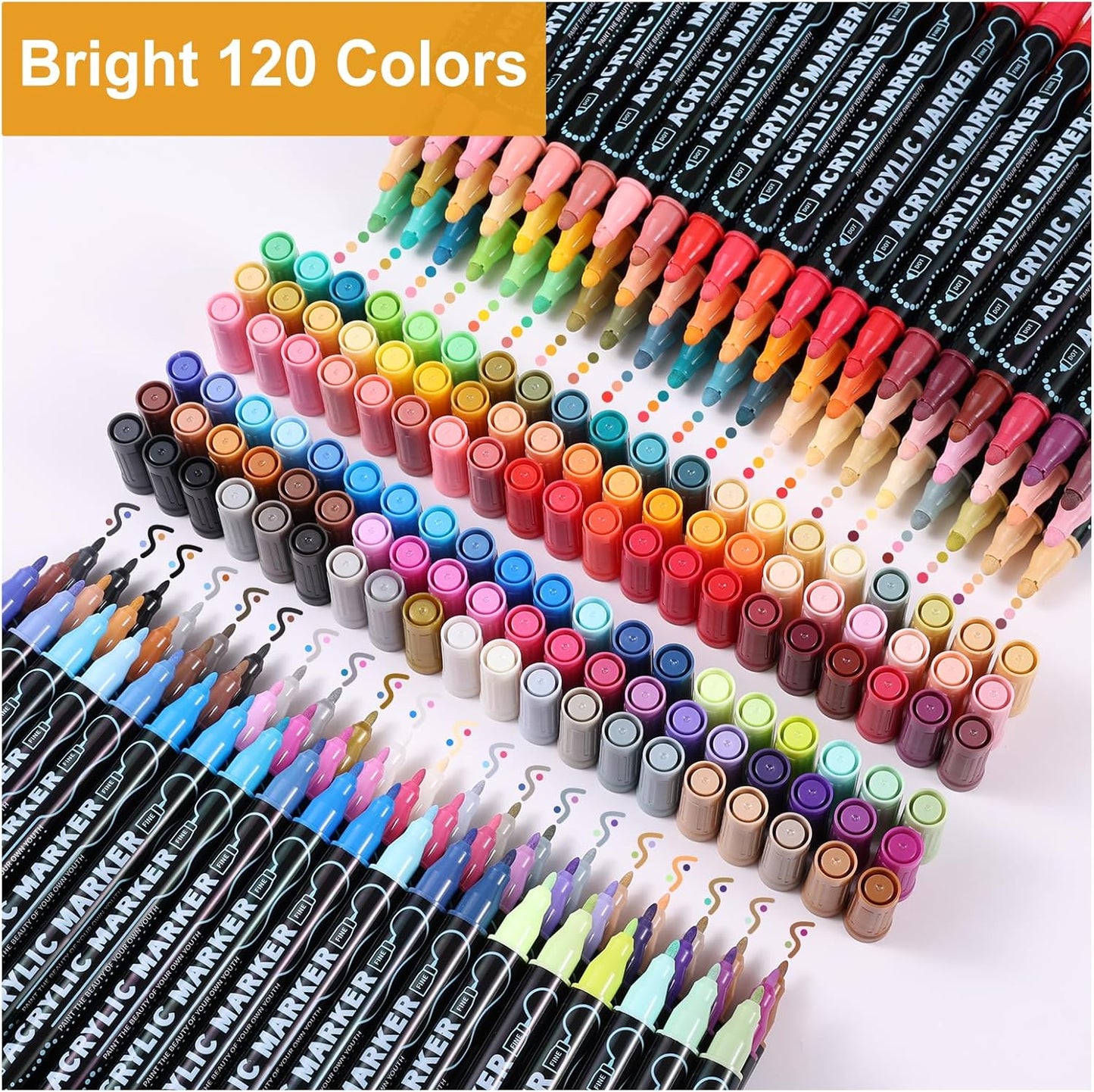 120 Colors Waterproof Dual Tip Acrylic Paint Pens, Dot & Fine Tip Premium Coloring Drawing Markers Set for Wood, Rock, Canvas, Glass, Ceramic Surfaces and DIY Crafts Making Art Supplies