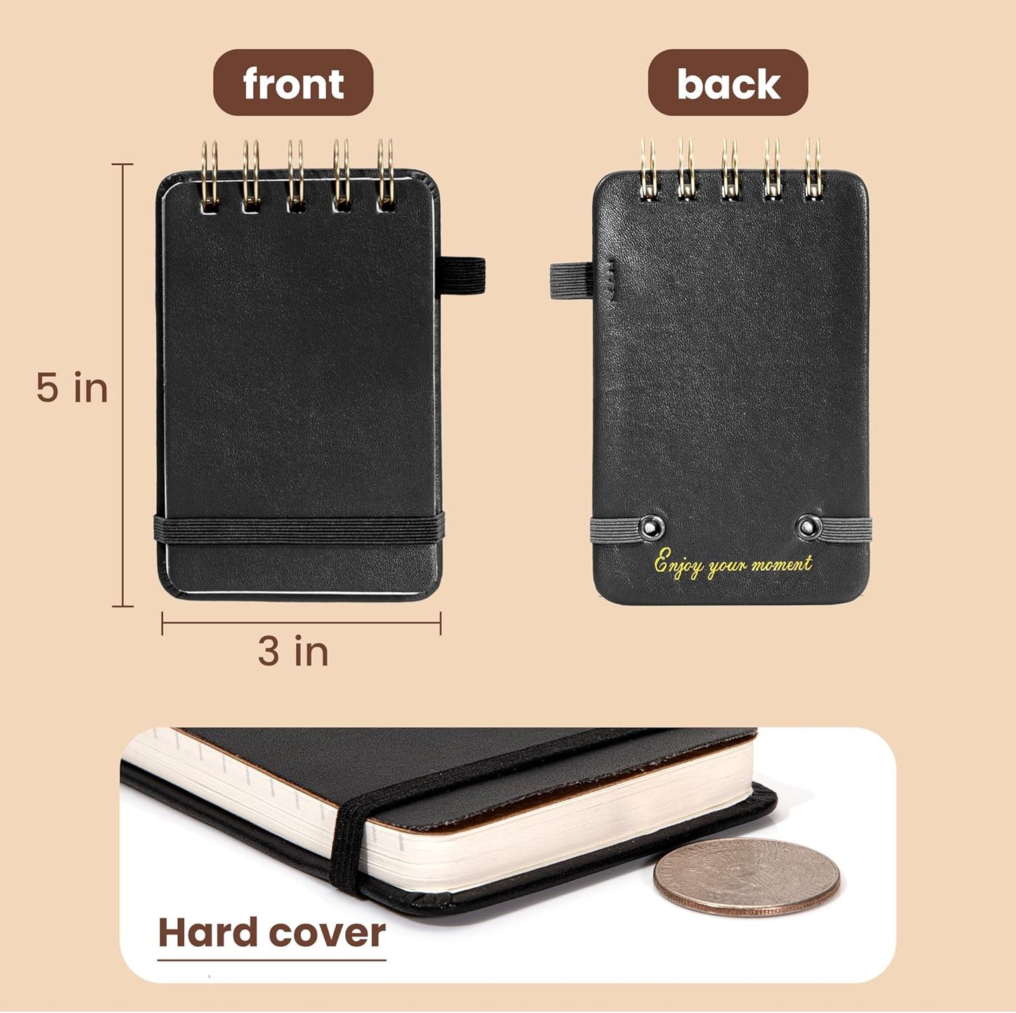 Yoment Small Notebooks 3x5 Leather Pocket Notepad 150 Pages Mini Top Spiral Notebook, 100 GSM Thick Paper, Memo Note Pads for Work School Nursing, Black