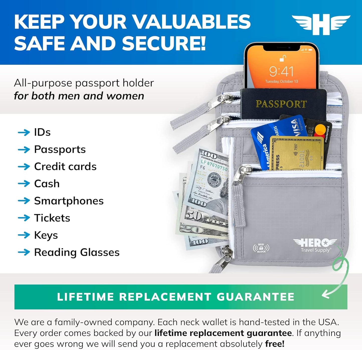 HERO Neck Wallet, RFID Blocking Passport Holder, Easy to Conceal and Pouch