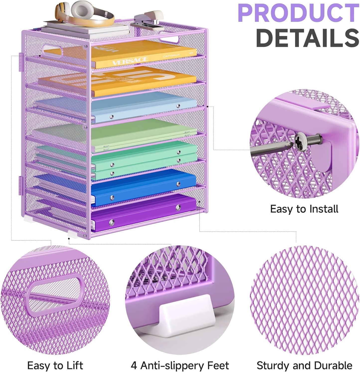 Paper Organizer with Handle Metal Mesh File Sorter for Desk Organizers Paper Letter Tray Desktop Document Sorter for Office or School 2 Pack 8 Tier Purple Desk Storage