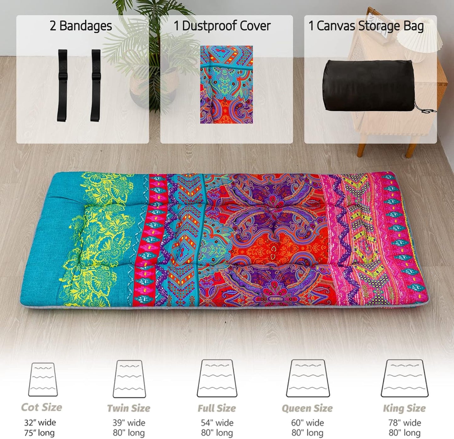 MAXYOYO Bohemian Floor Bed, Japanese Futon Mattress, Narrow Twin Single Bed, Foldable Roll Up Camping Cot for Adults